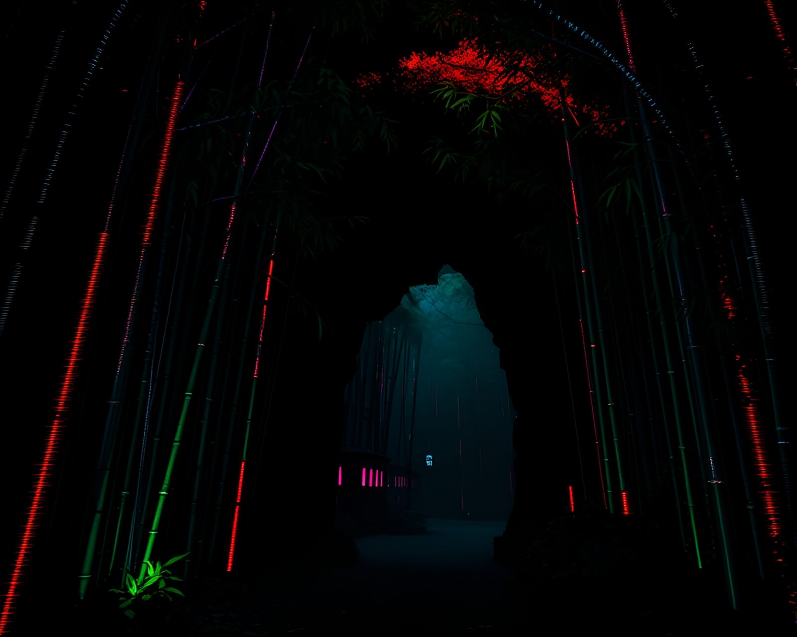 Bamboo grove entrance illuminated with neon glitch lighting