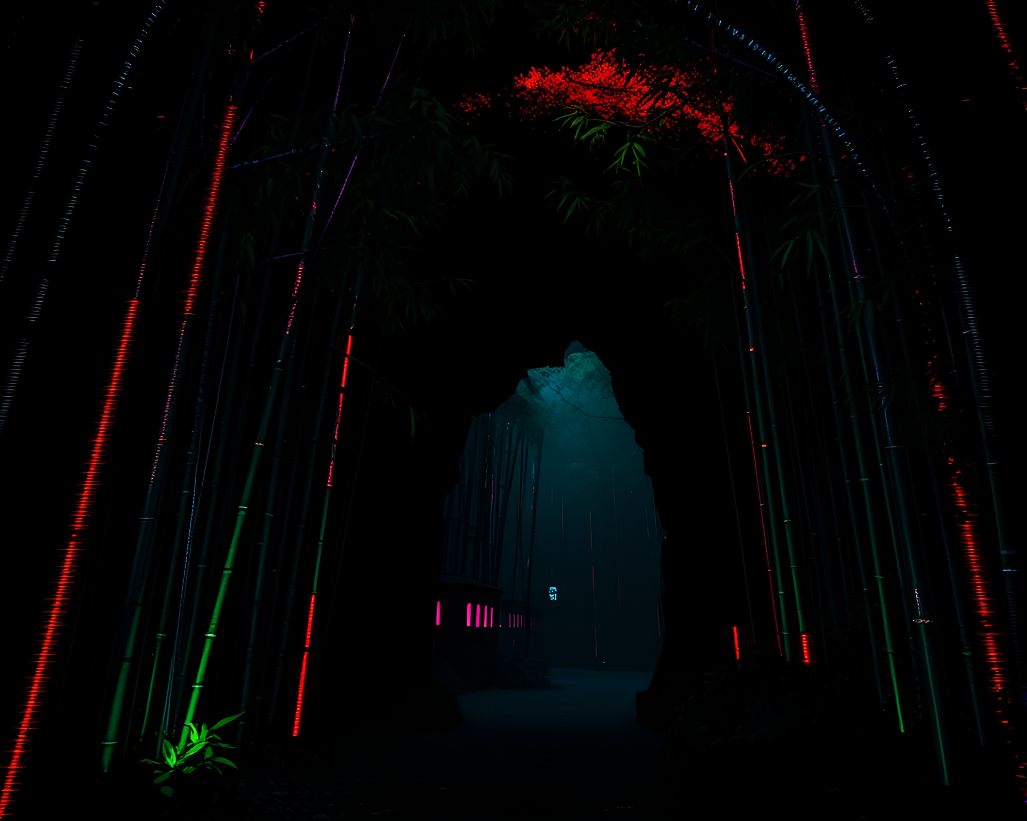 Neon Glitch Bamboo Grove Cave Entrance – free AI stock image
