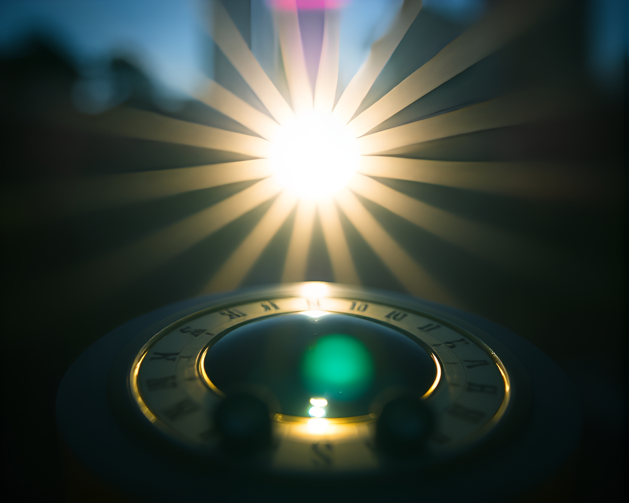Enchanted Pocket Sundial under Lens Sunburst Glow – free AI stock image
