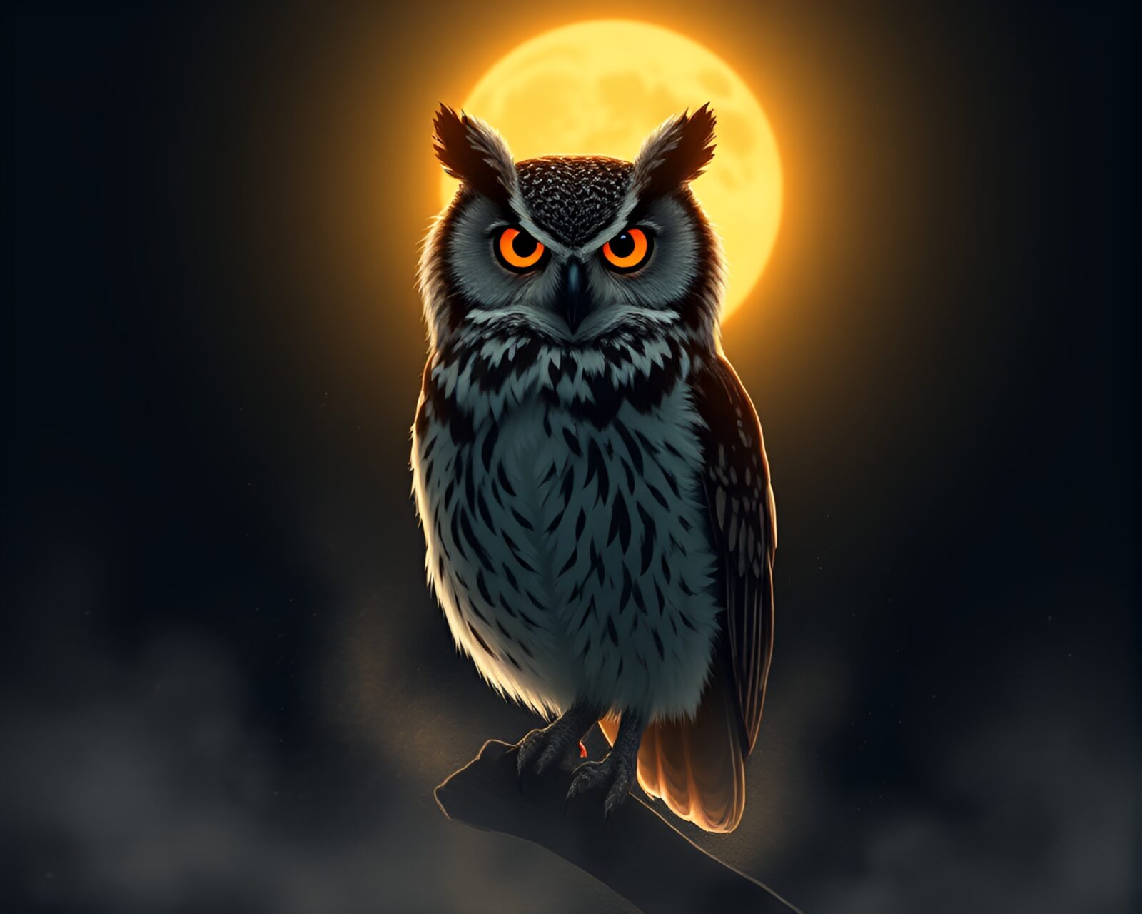 Illustration of majestic owl surrounded by swirling dust in torchlight glow