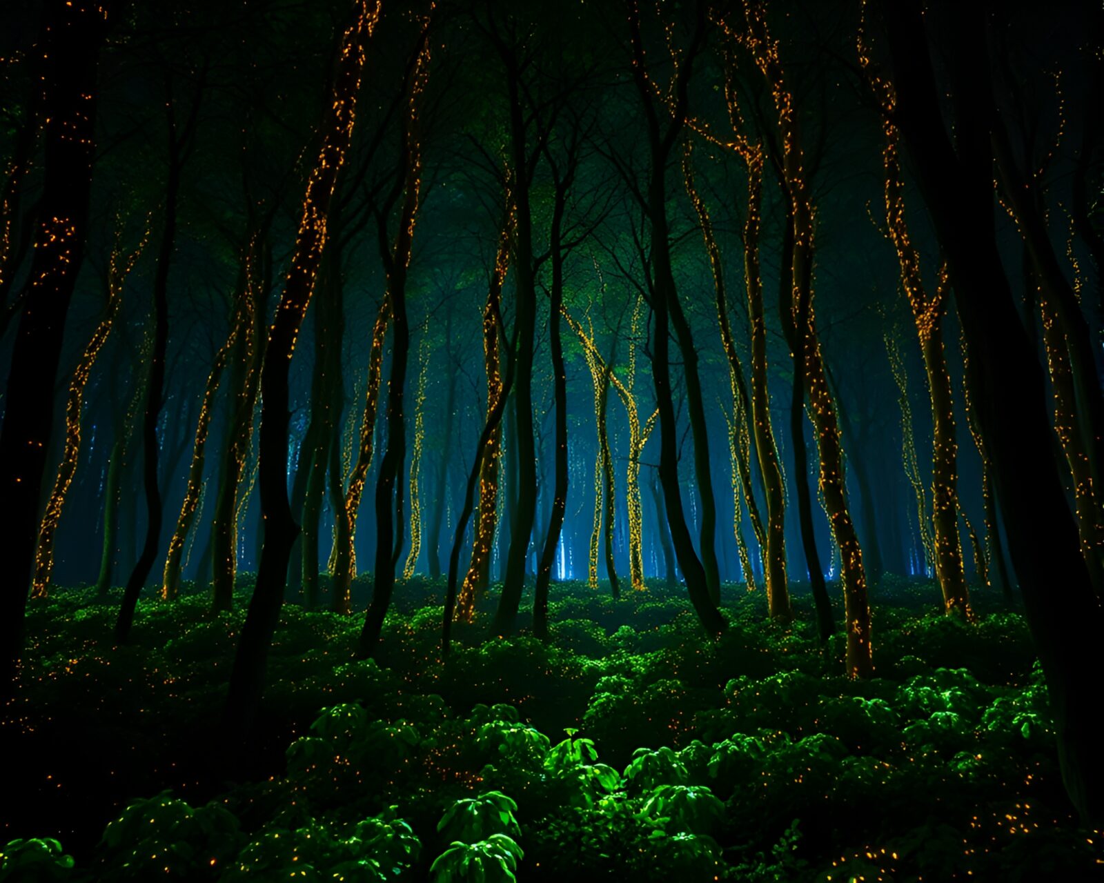 Darkly lit forest with glowing plants and gold leaf accents