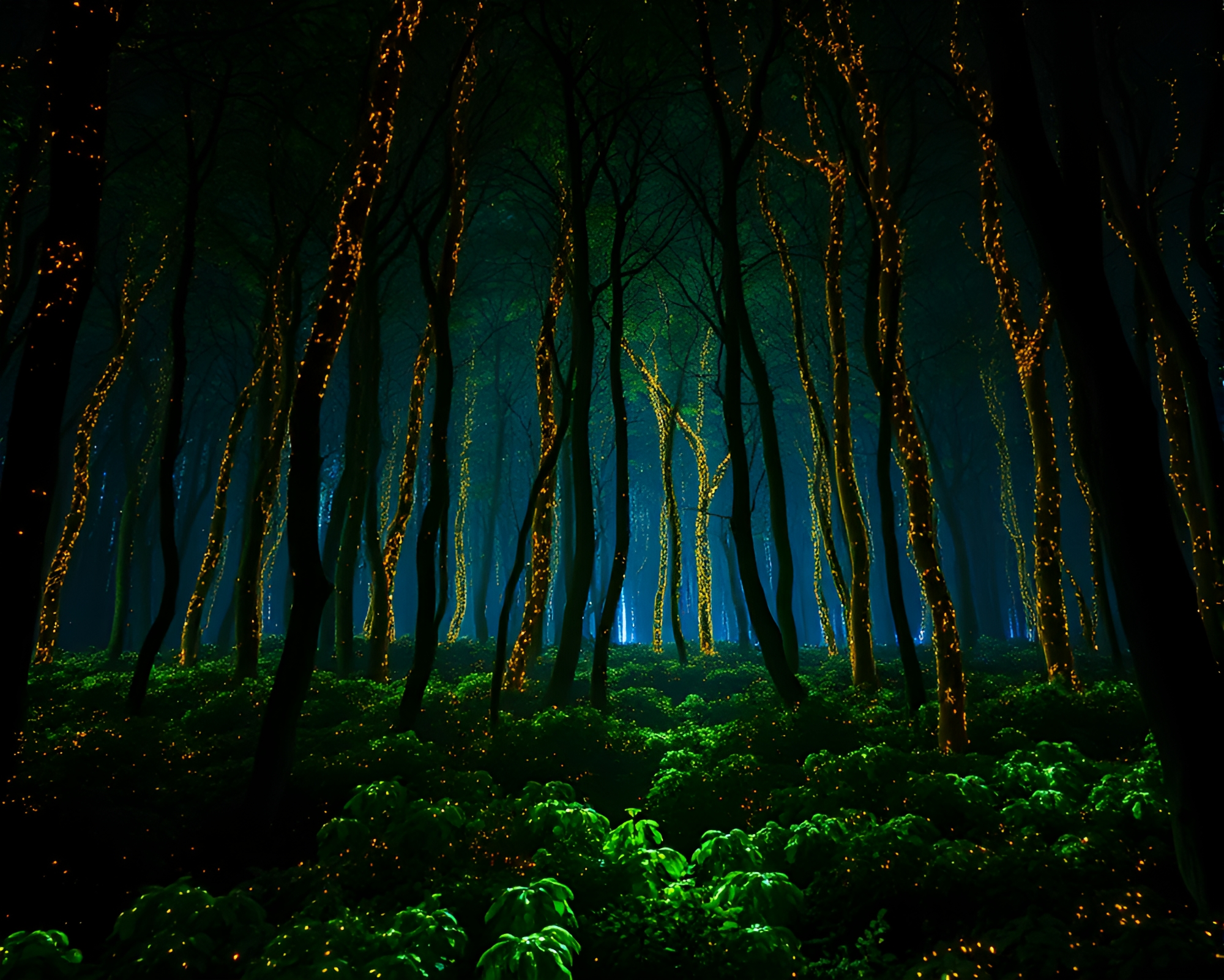 Bioluminescent Forest Noir with Gold Foil Composition – free AI stock image