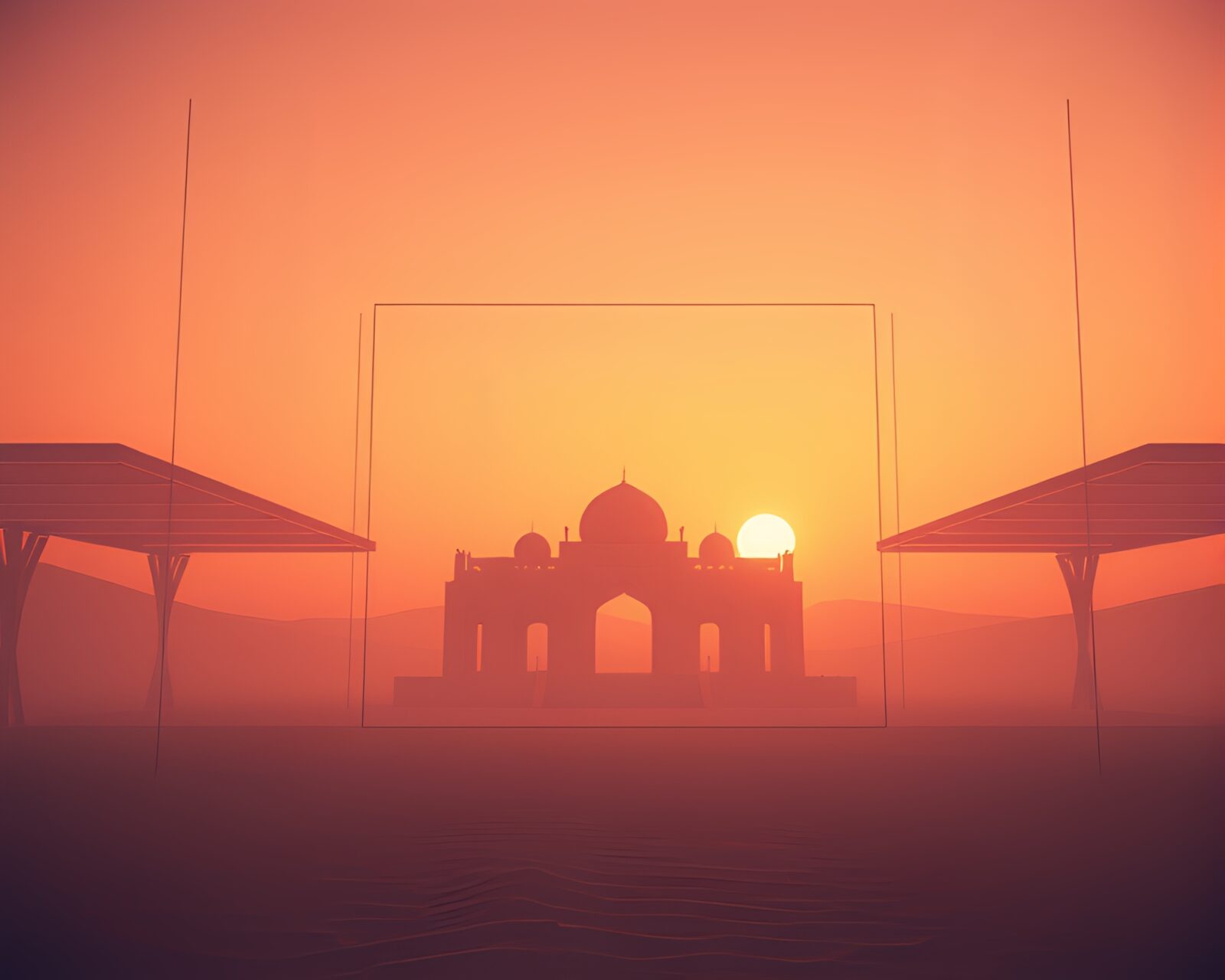 Wireframe architectural structures against desert background in twilight