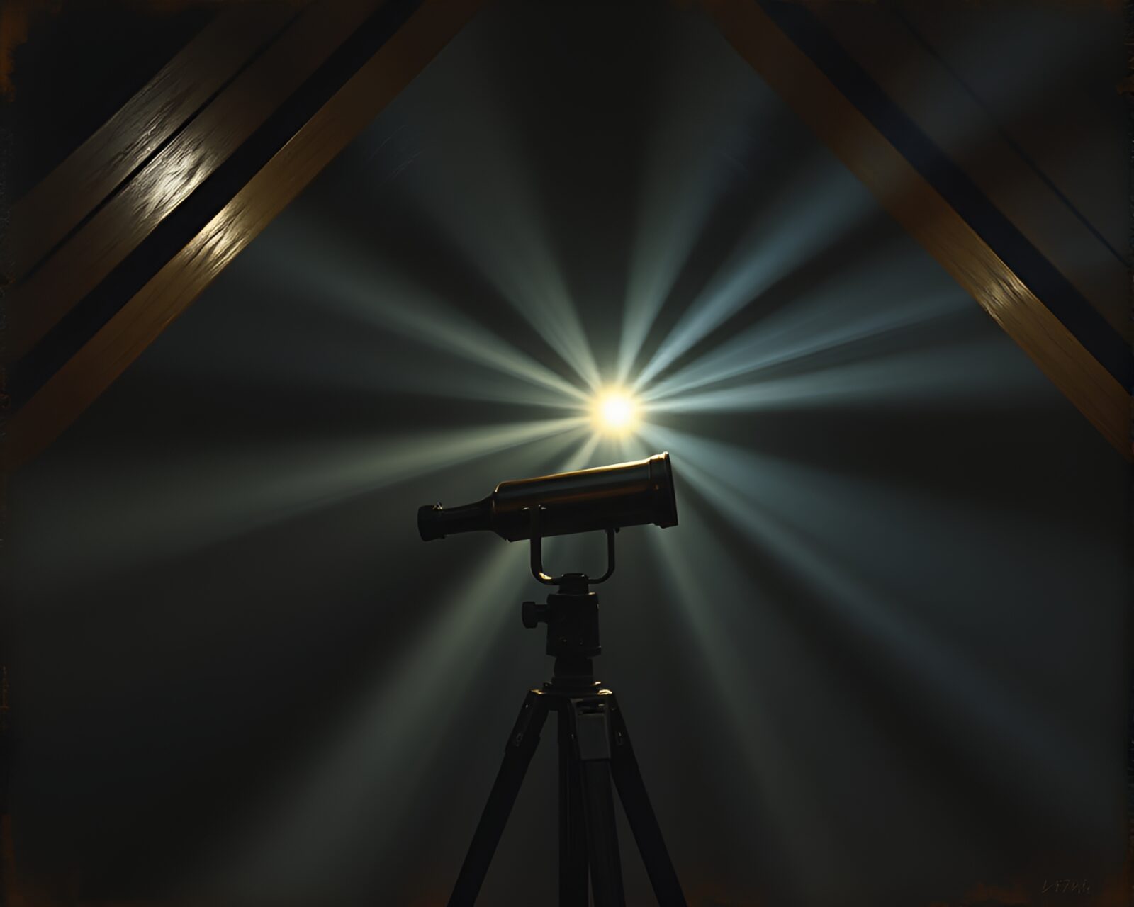 Brass telescope in shadowy attic with train light streaks