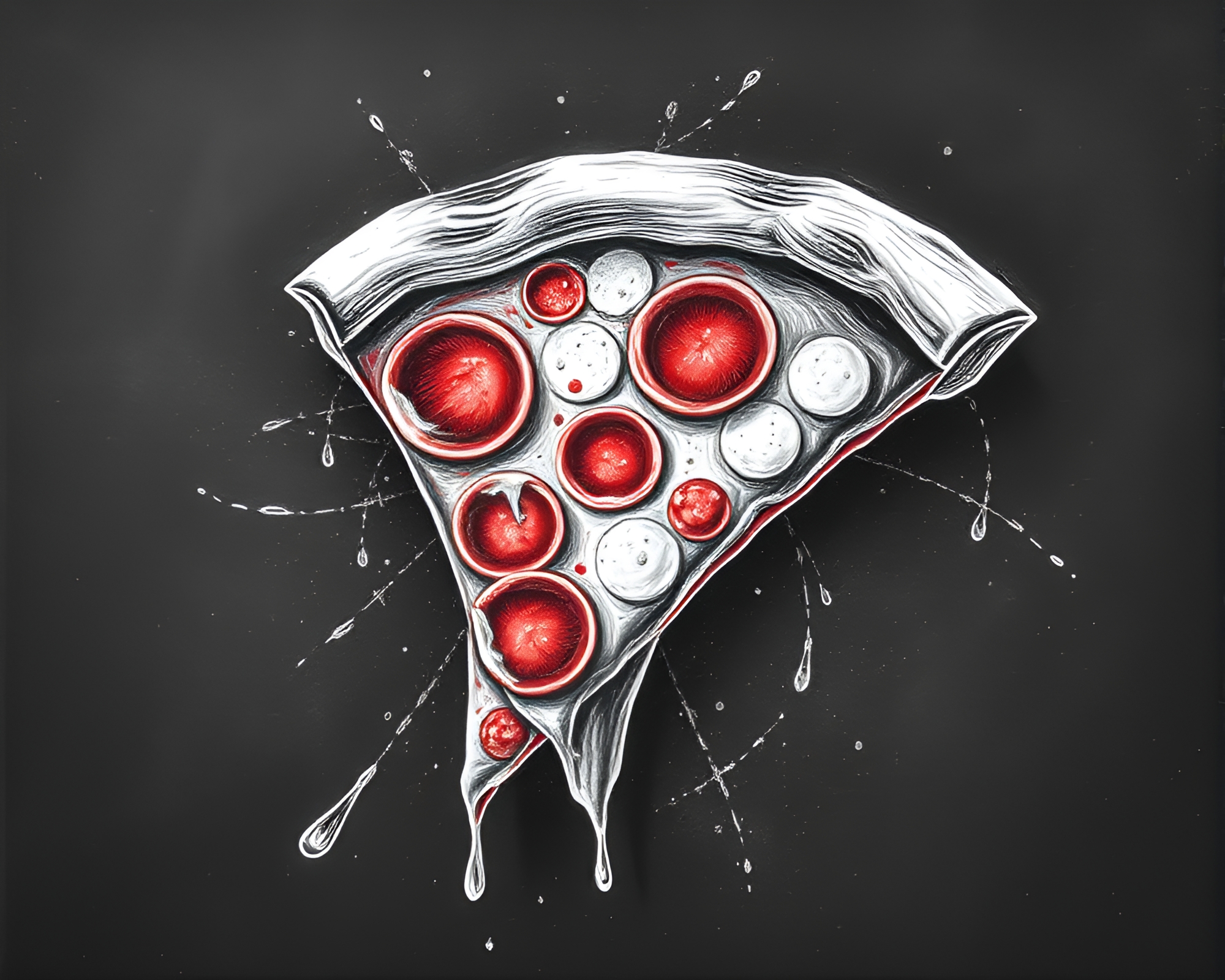 Monochrome Red Chalk Drawing of Hatching Pizza Slice – free AI stock image