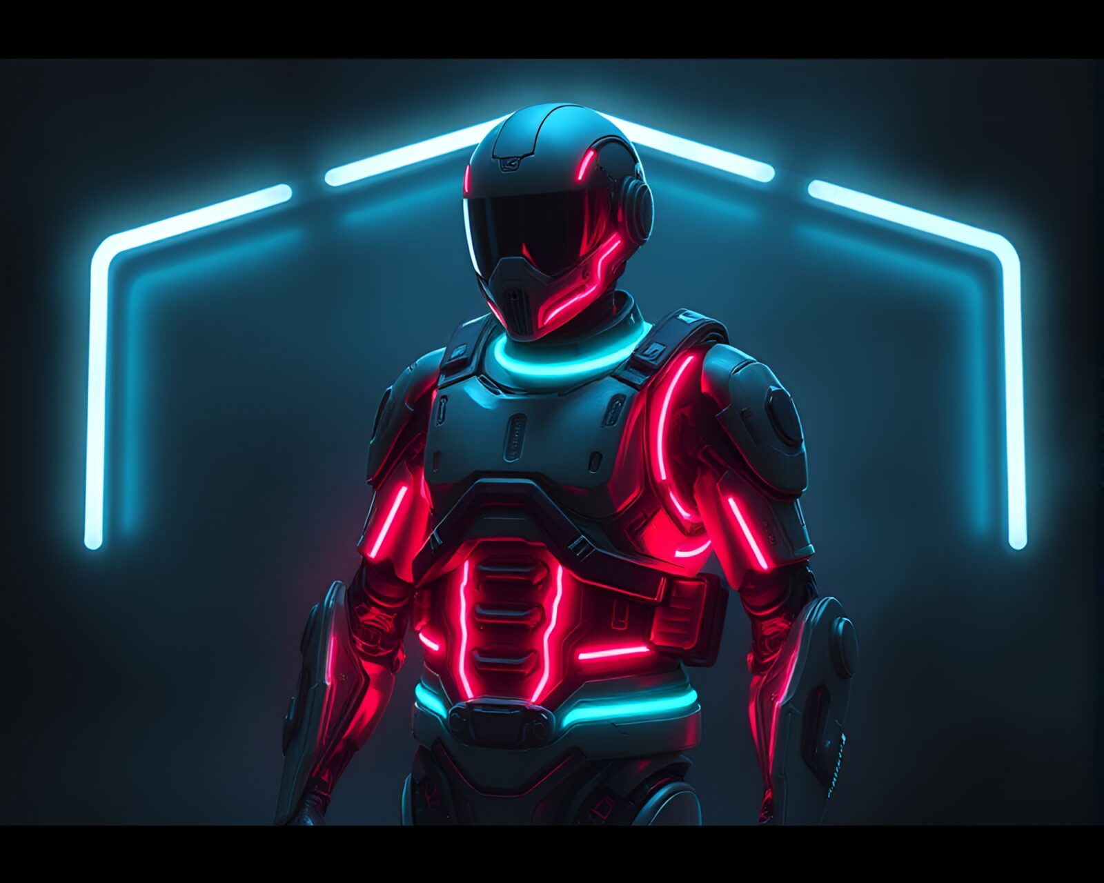 Glowing exoskeleton in dim lighting with neon tubes