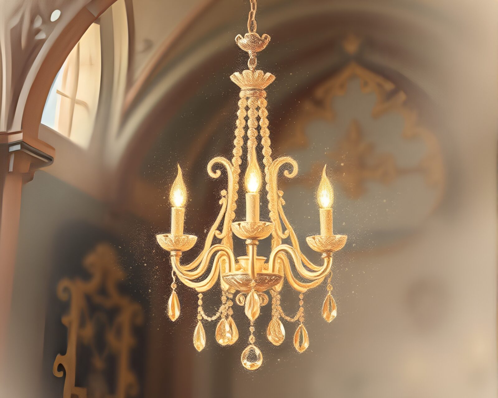 Soft focus pencil sketch of a glittery Gothic chandelier