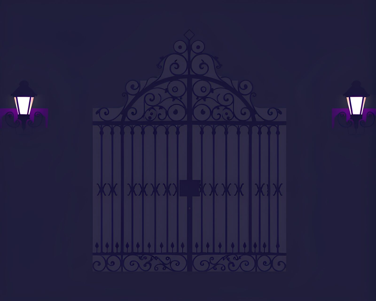 Majestic silhouette of wrought iron gate in ethereal amethyst light