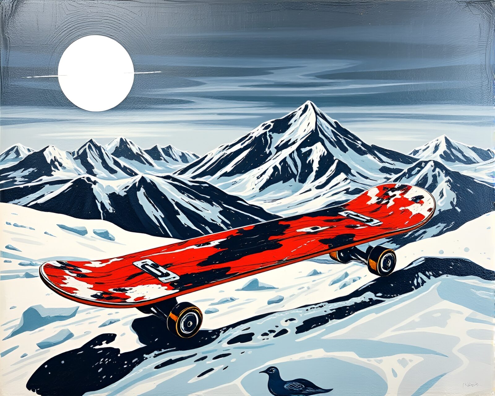 Skateboarder braving an Antarctic whiteout on foil-stamped board