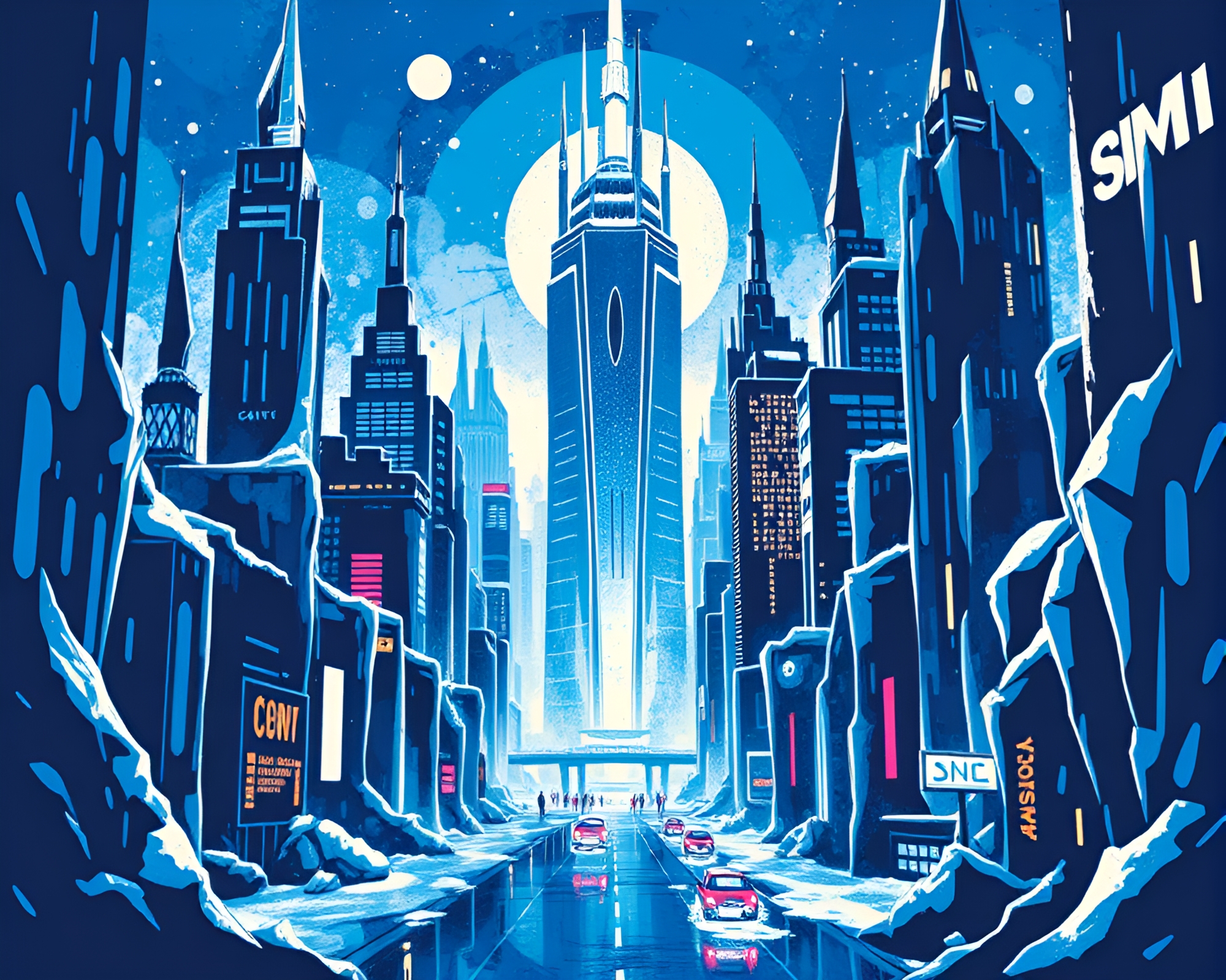 Futuristic Cityscape: Ice Crystal Stencil Art – free AI stock image