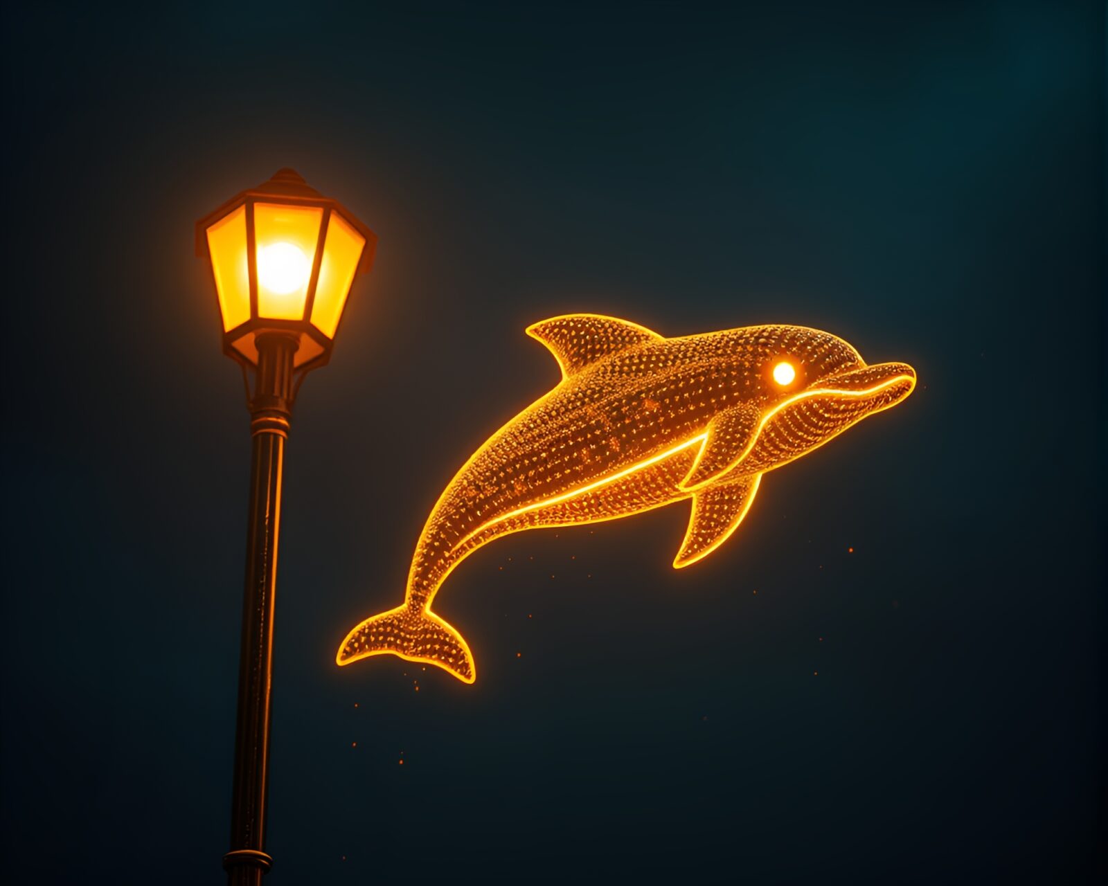 Futuristic digital art of a dolphin in a neon cityscape