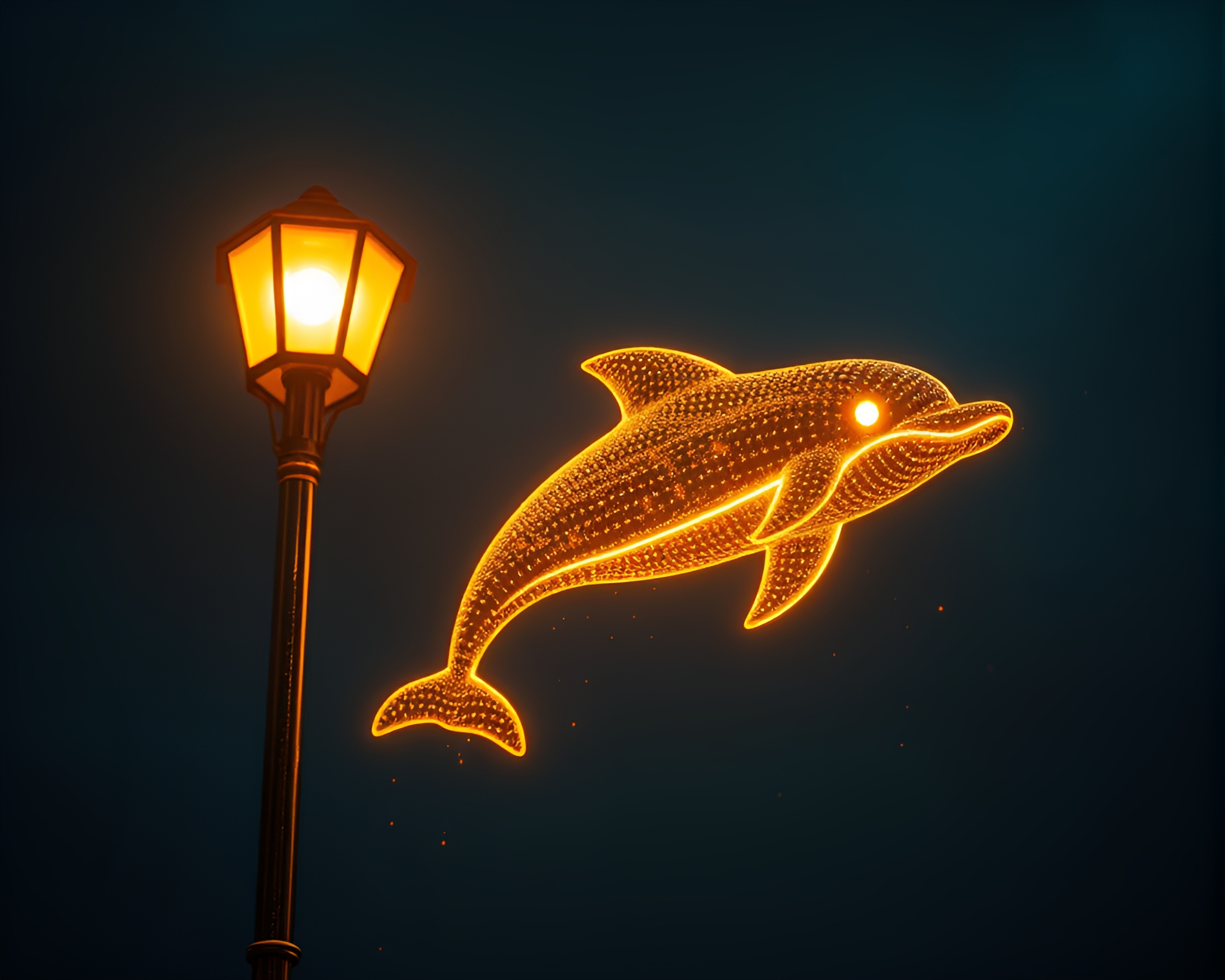 Cybernetic Dolphin Reaching Golden Spiral Under Streetlamp Glow – free AI stock image