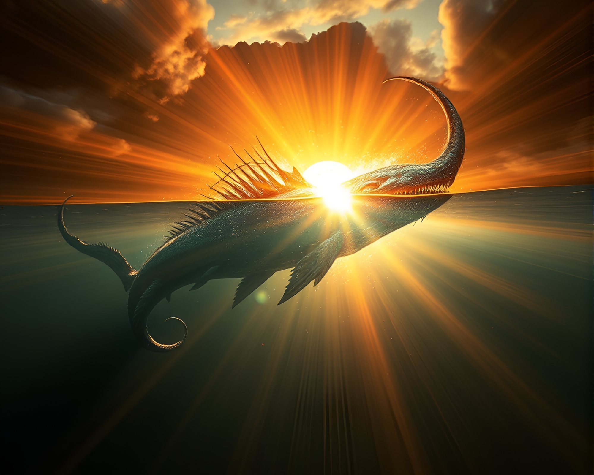 Golden Leviathan At Sunset: Fractal Lens Flare Art – free AI stock image
