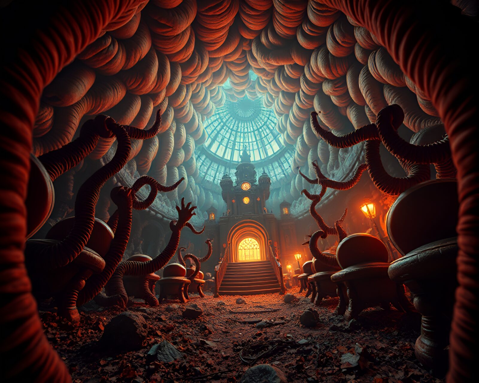 Eldritch creatures in eerie opera house under toon lighting
