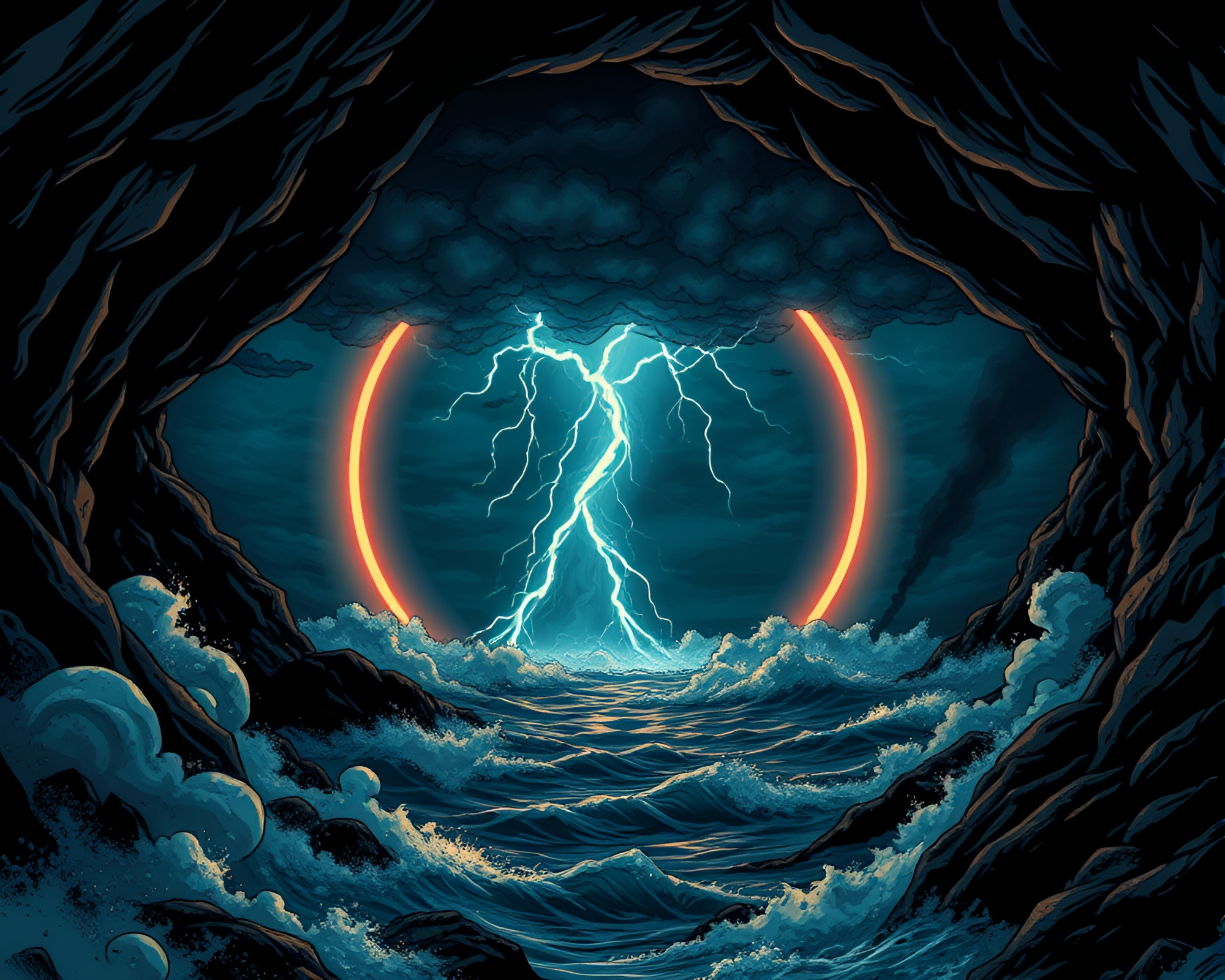 Thunderstorm Cave Entrance with Smoke Rings – free AI stock image