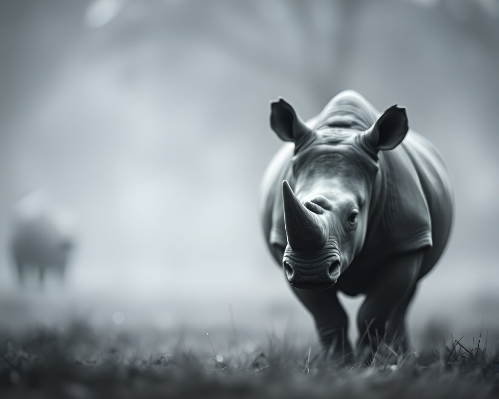 A regal rhinoceros surrounded by hazy chalk bokeh
