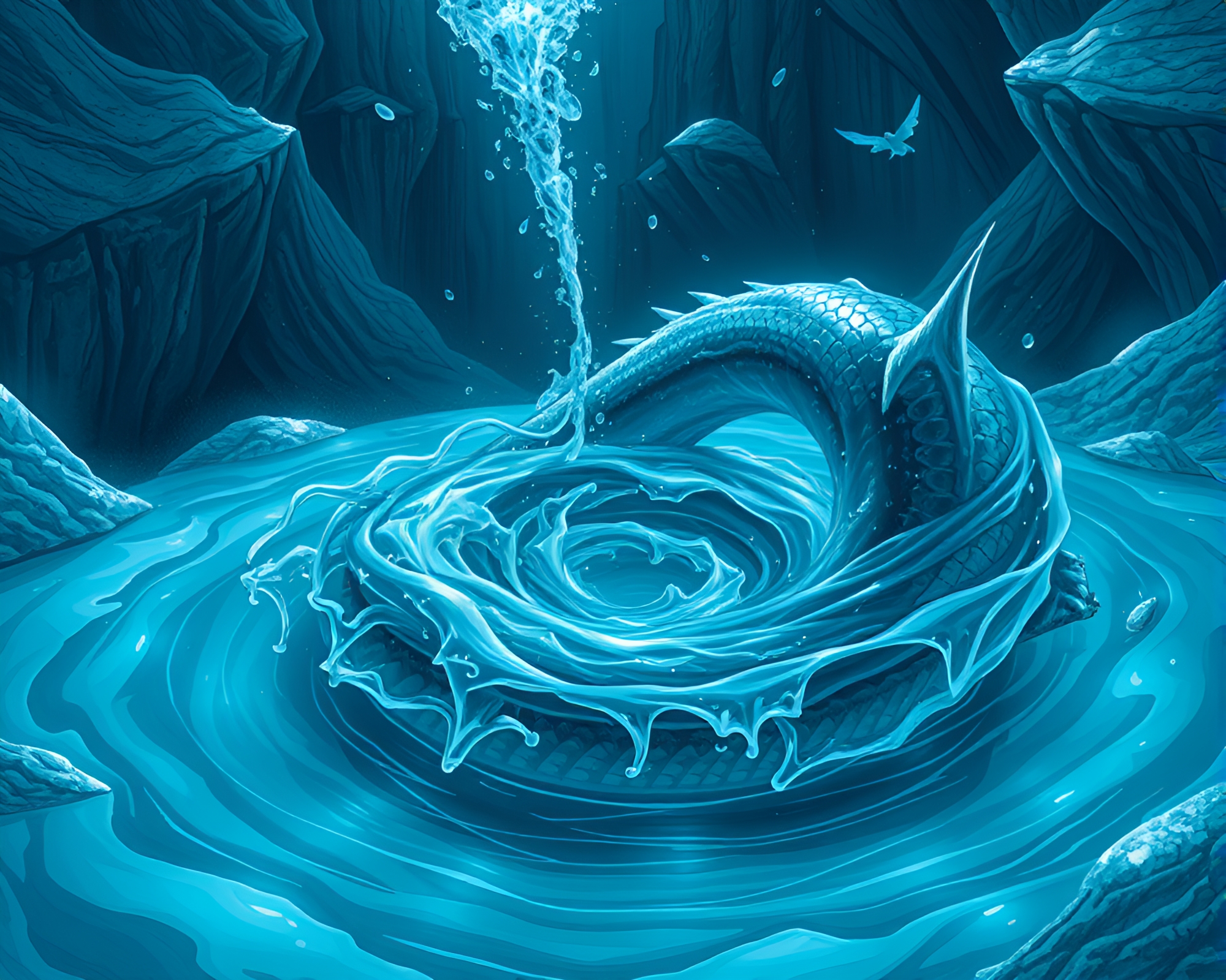 Futuristic Basilisk Emerges from Ice-Blue Water Whirlpool – free AI stock image