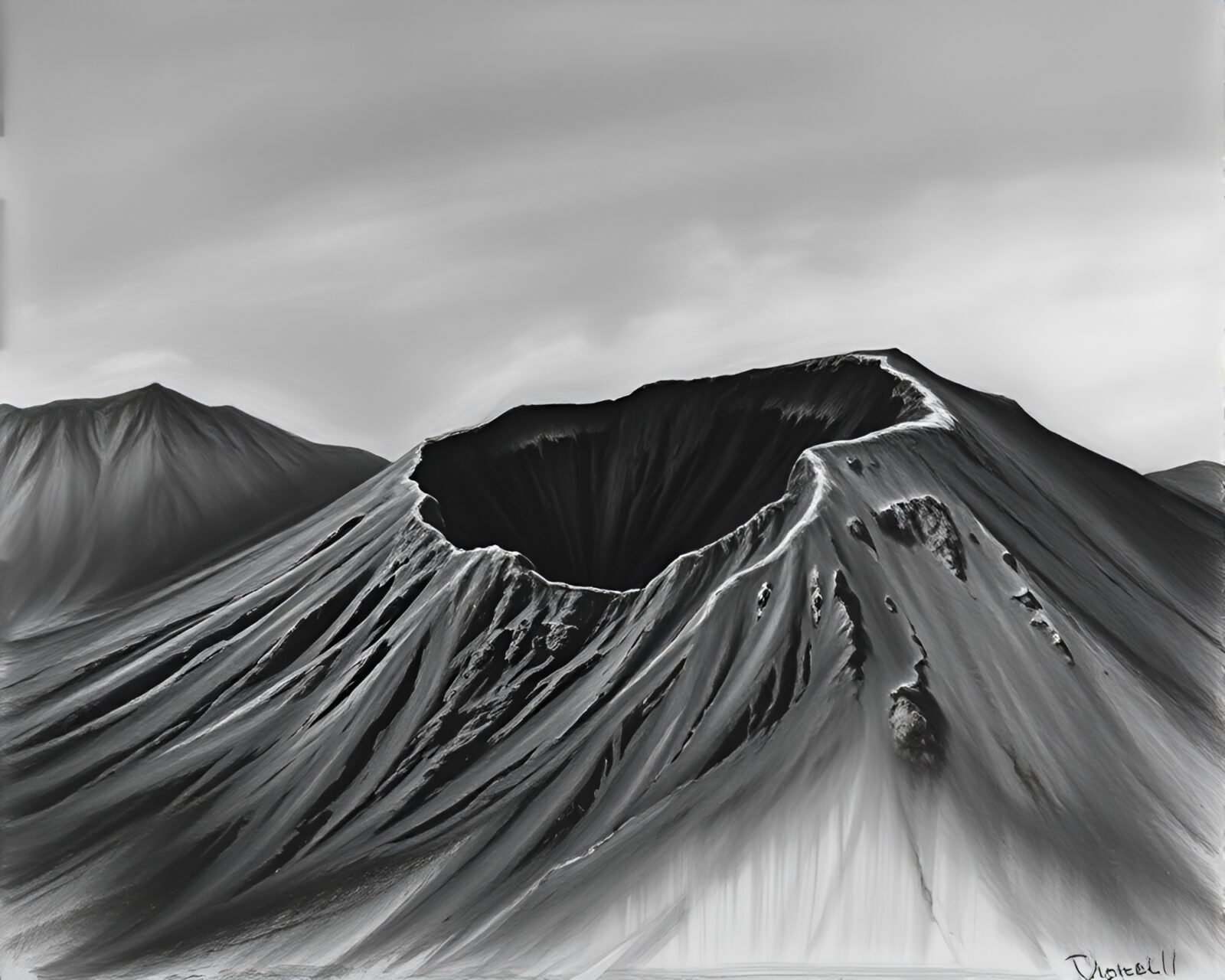 Surreal tilted angle view of volcanic crater in grayscale
