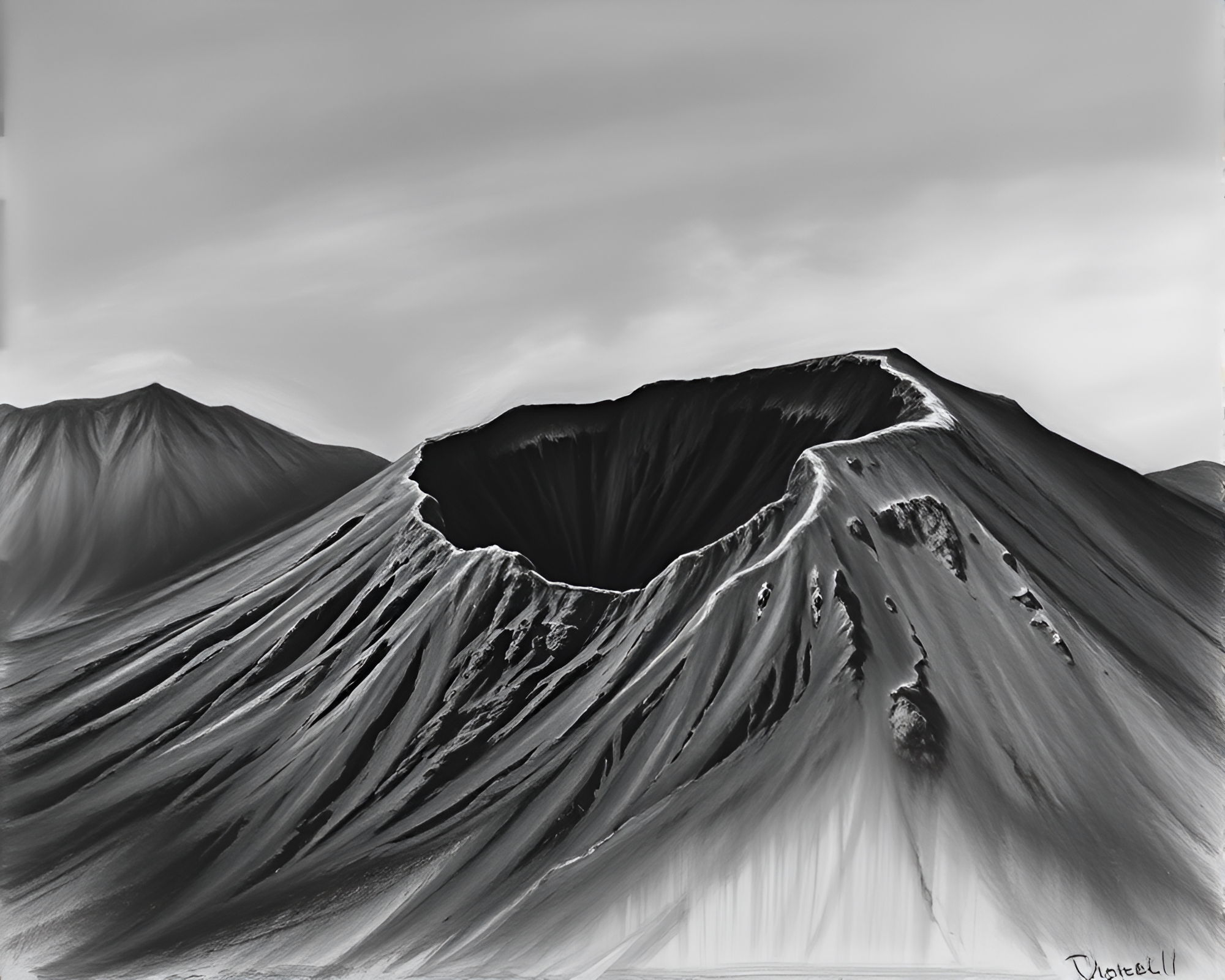 Dramatic Volcano Crater in Graphite Gray Grisaille – free AI stock image