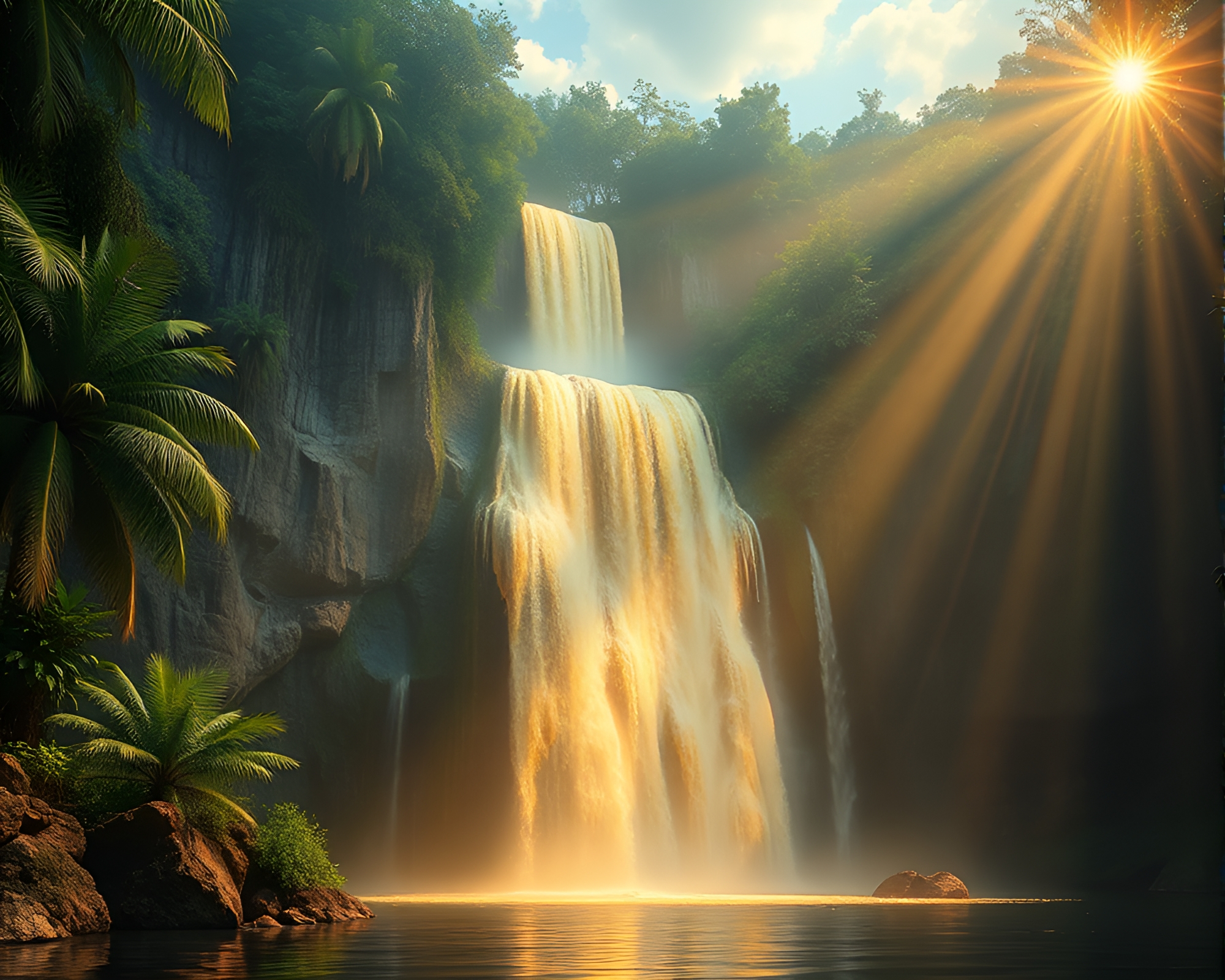 Tropical Waterfall with Gilded Accents – free AI stock image
