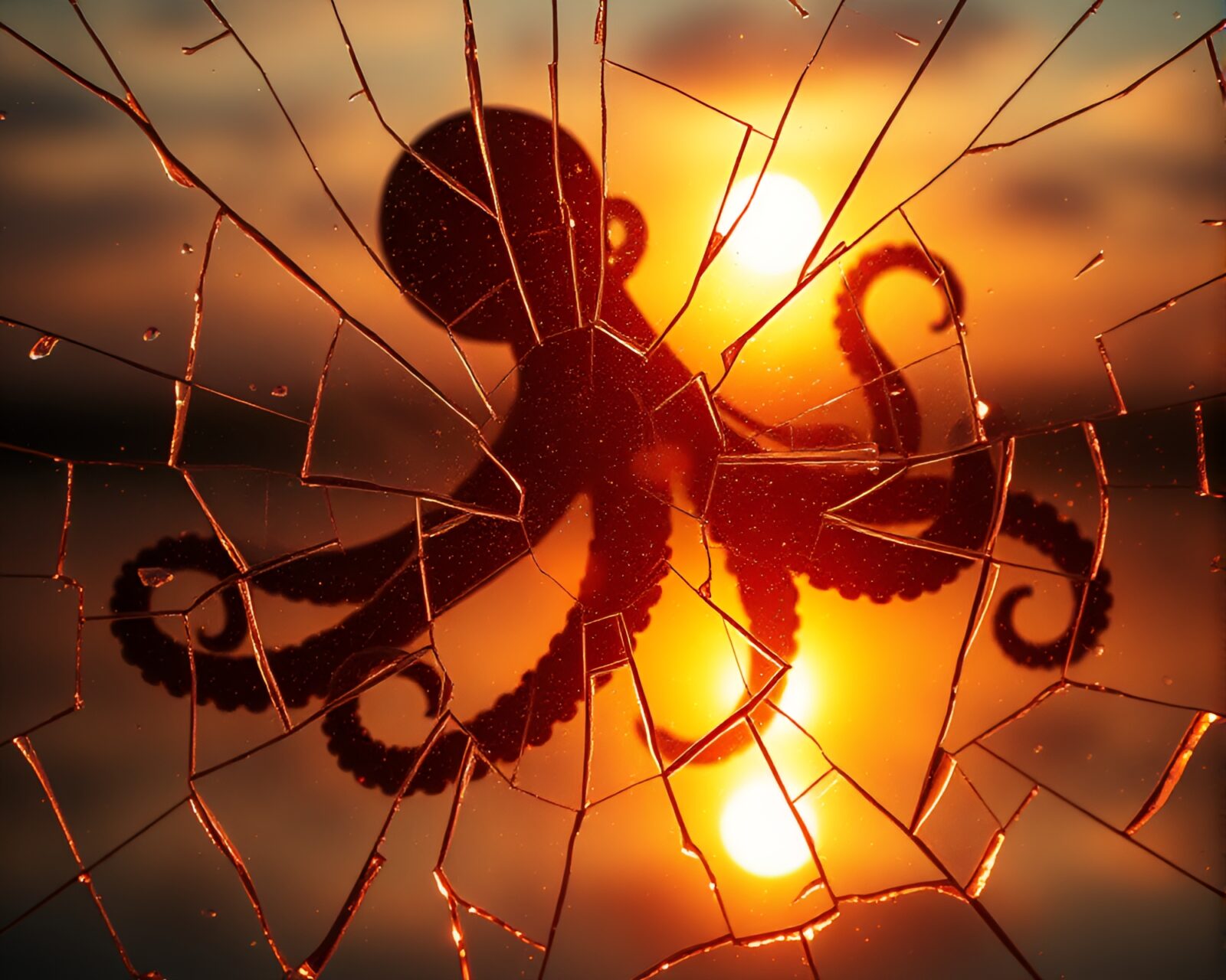 Data visualization style image of broken glass with octopus reflection