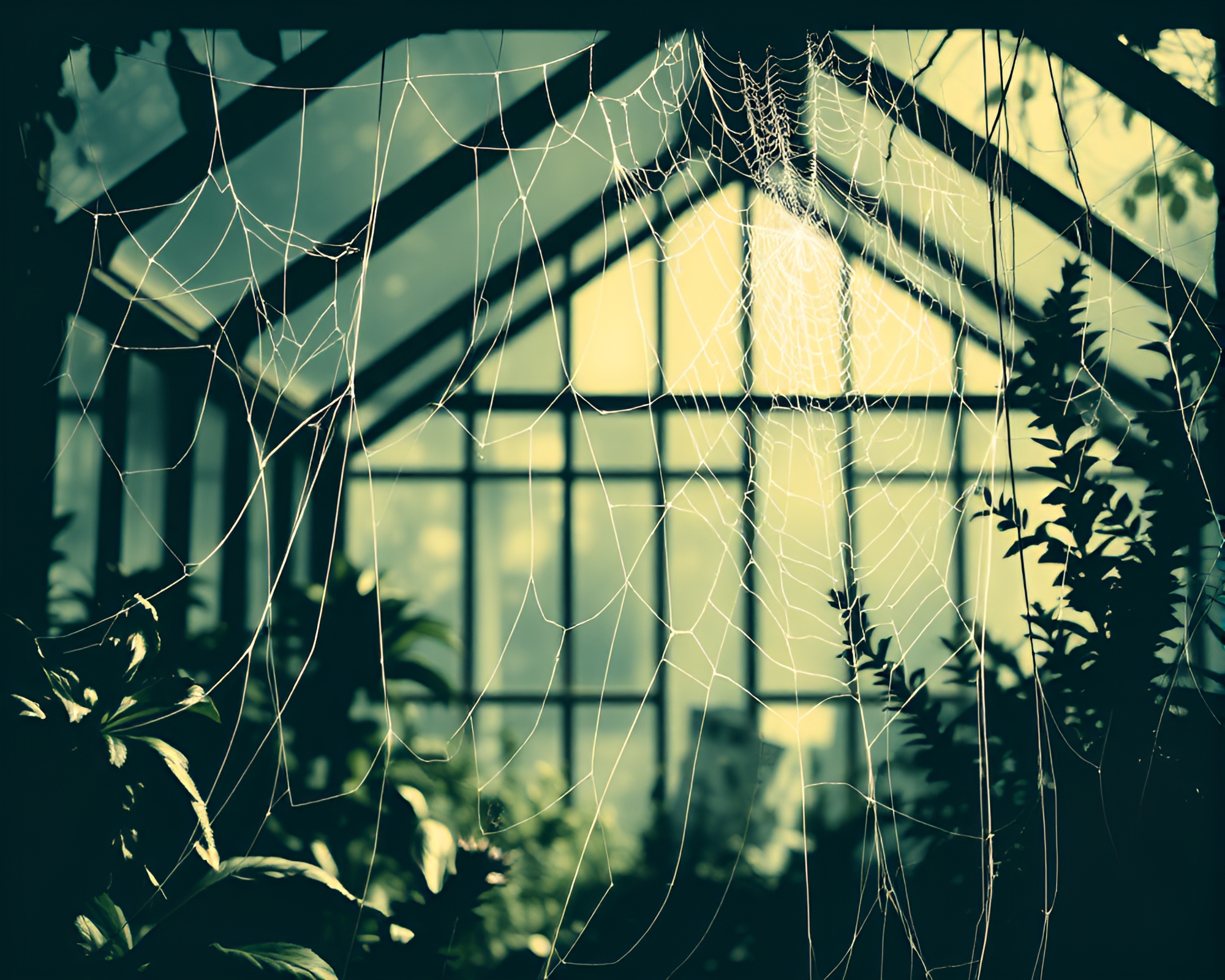 Glass Greenhouse with Cobweb Artistry – free AI stock image