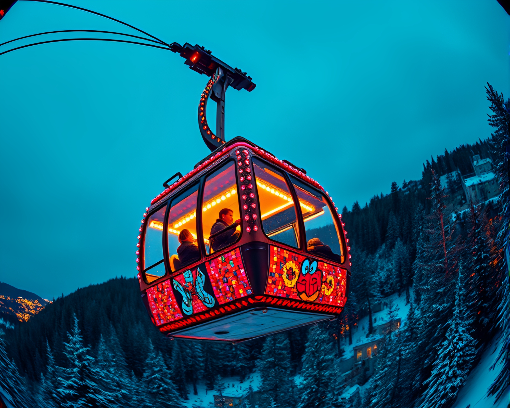 Gondola Lift Fisheye Mosaic Lighting Tattoo Flash Art – free AI stock image
