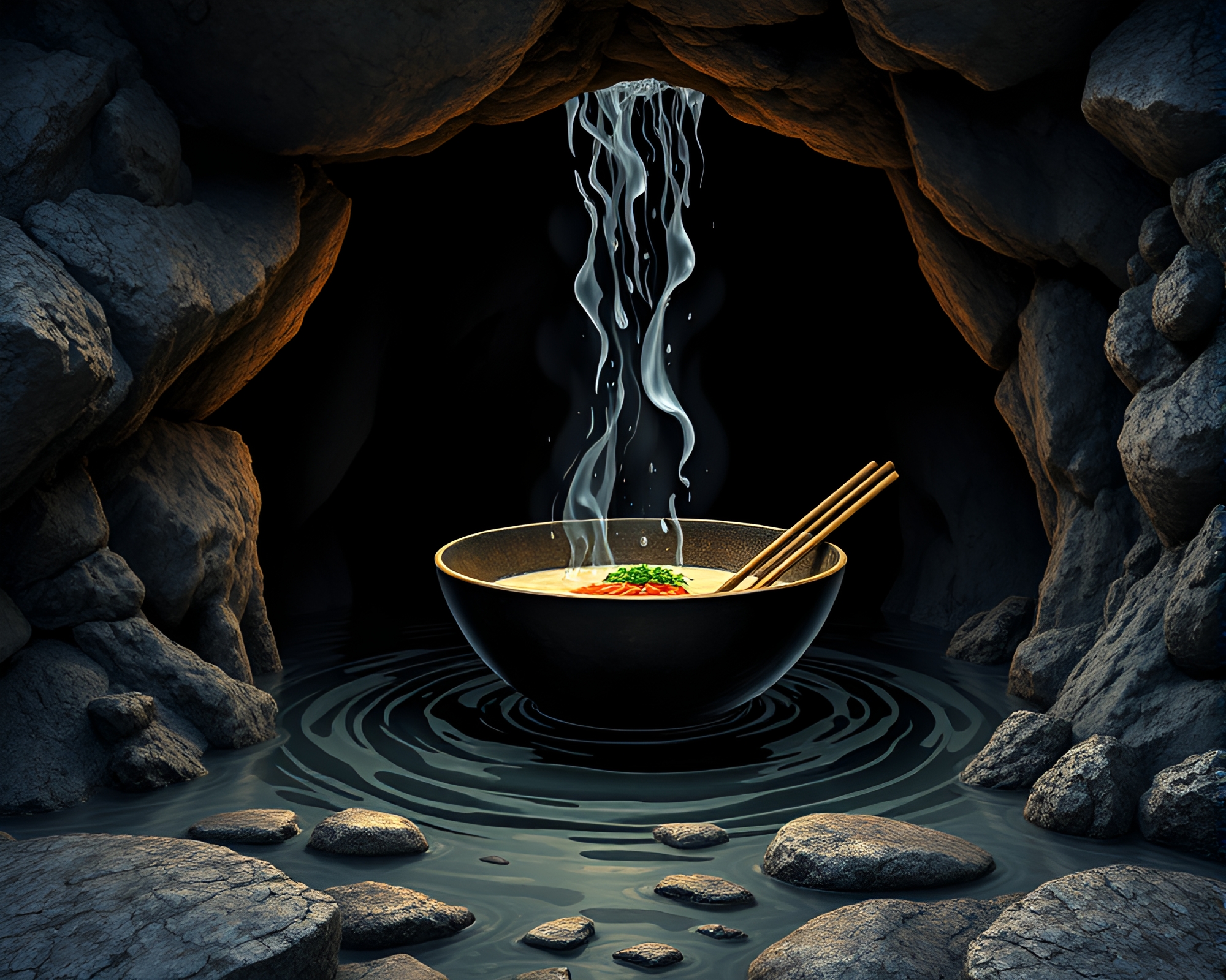 Ramen Bowl Distorted by Water in Dark Cave – free AI stock image