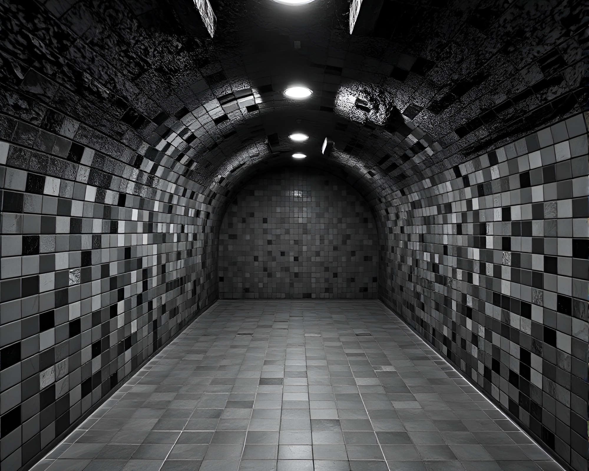 Dimly lit underground bunker with tiled mosaic walls – free AI stock image