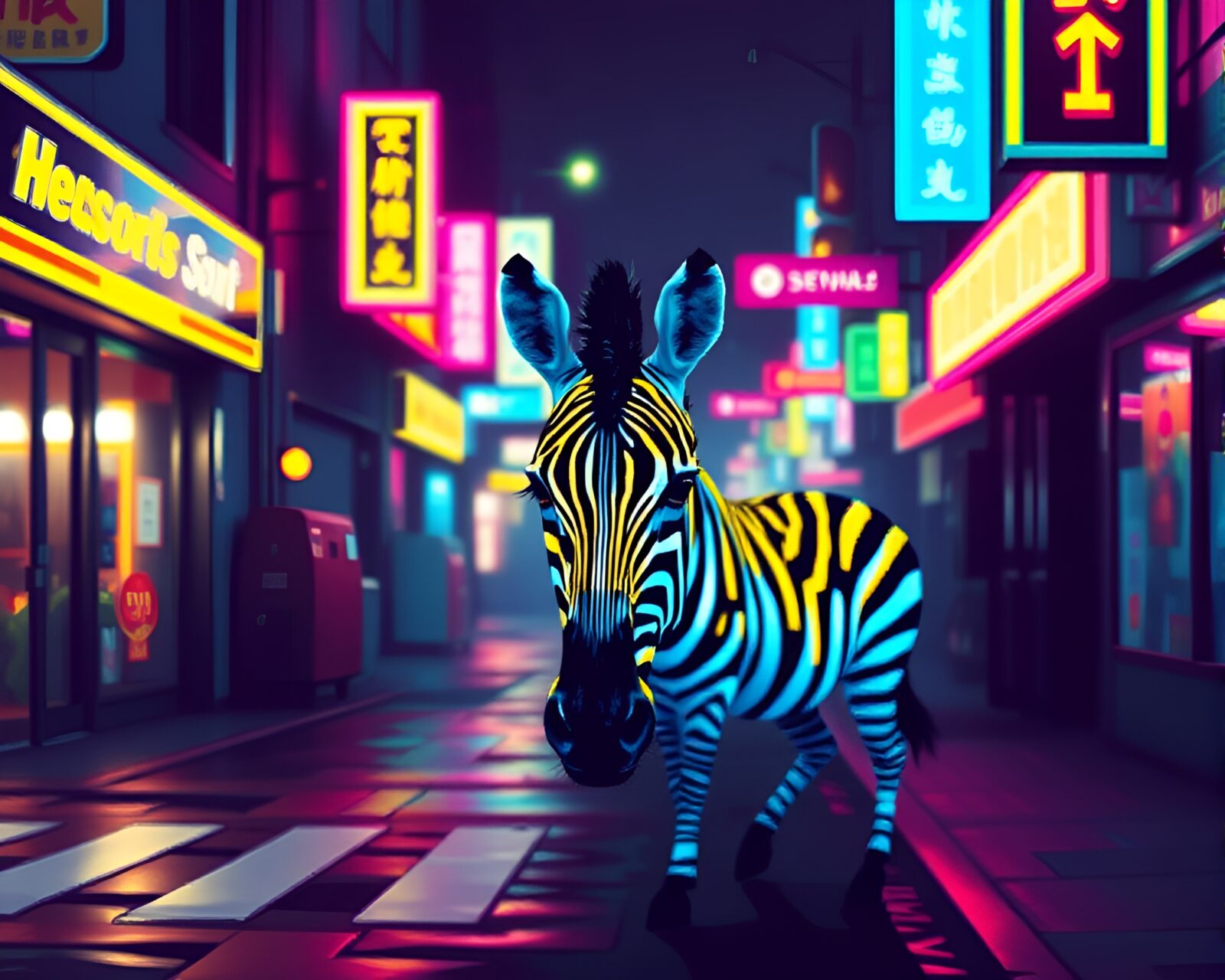 Vibrant neon zebra street art in retro synthwave style