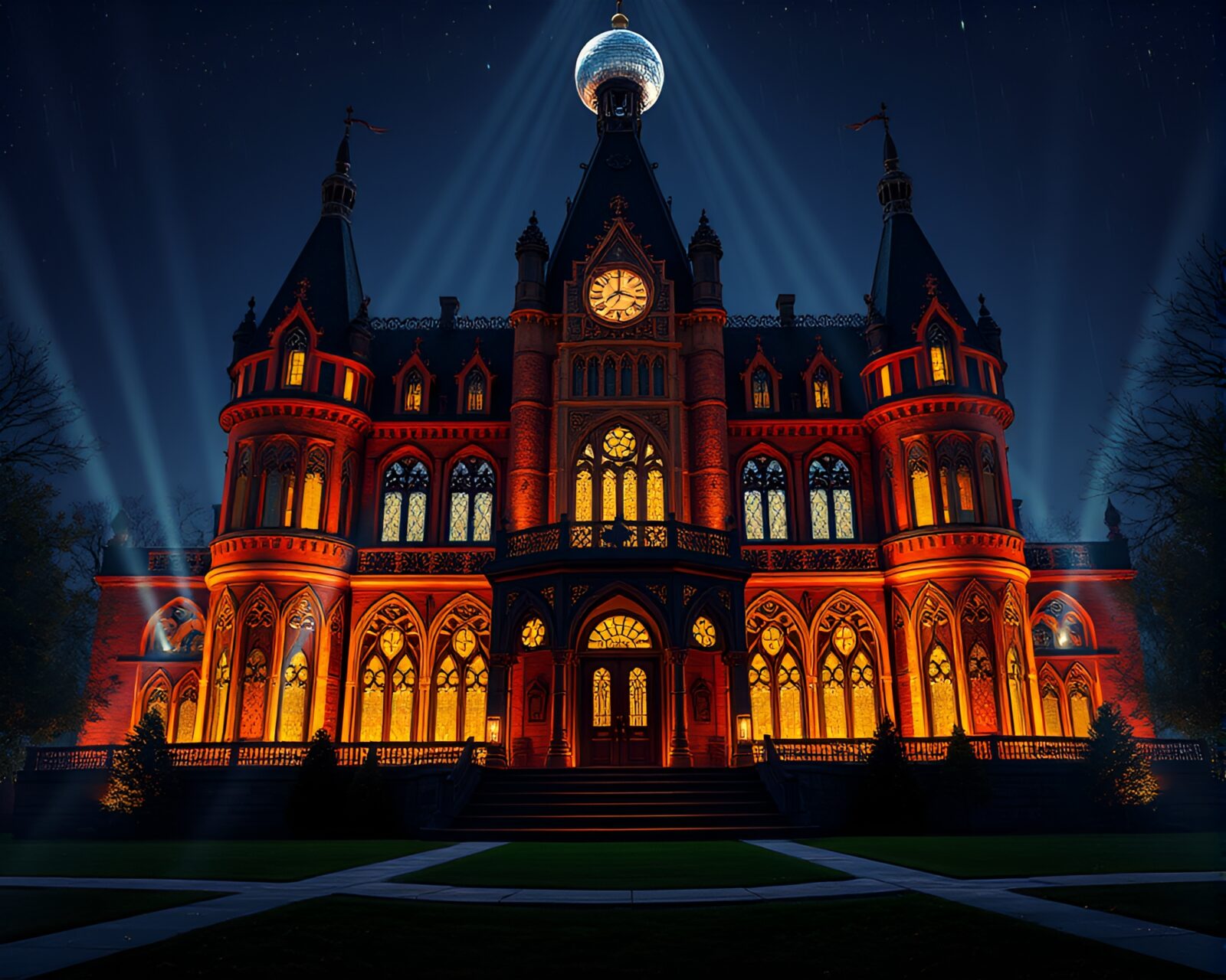 Architectural rendering of an opulent mansion with disco ball glow