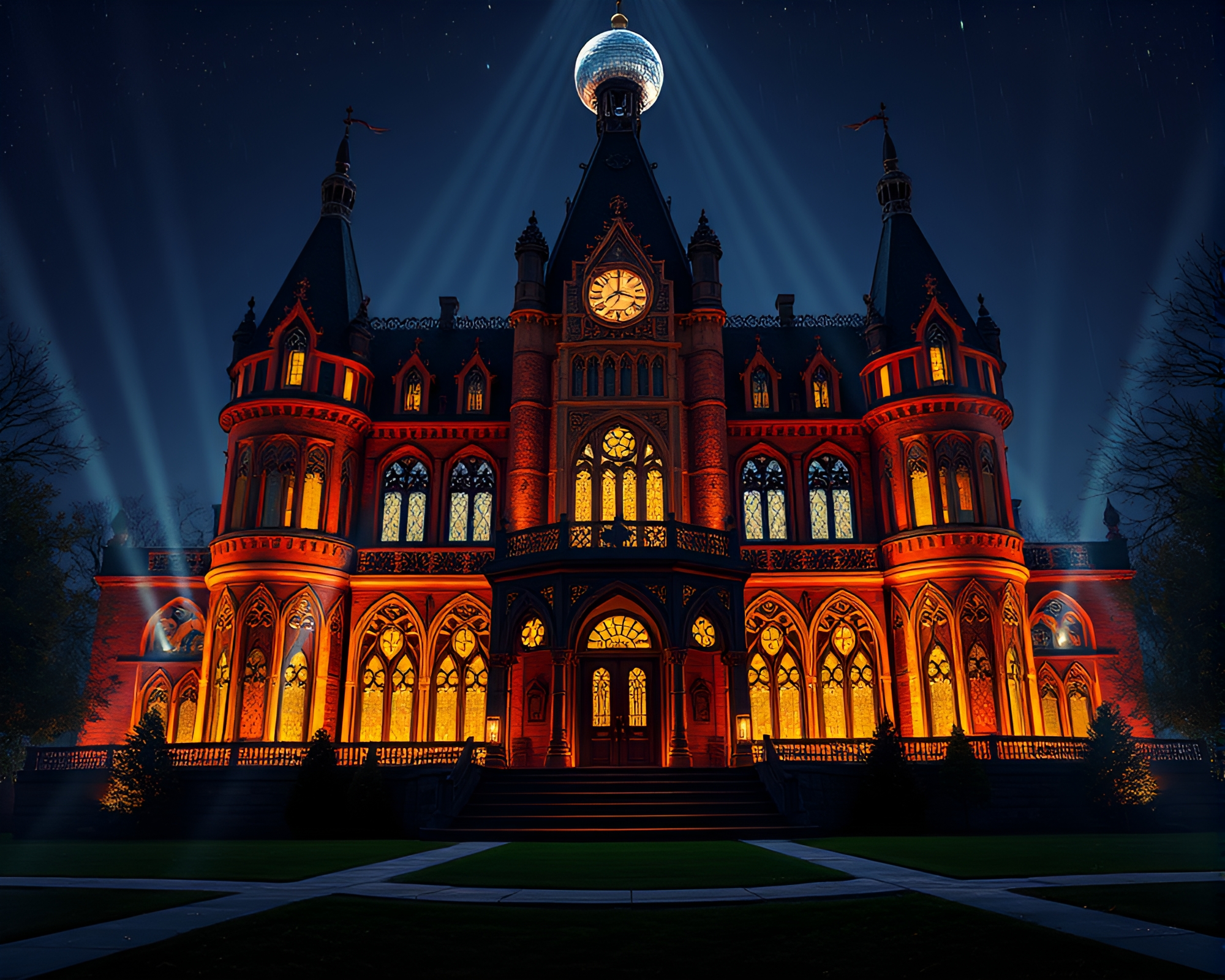Neo-Gothic Mansion Illuminated by Disco Ball Leading Lines – free AI stock image