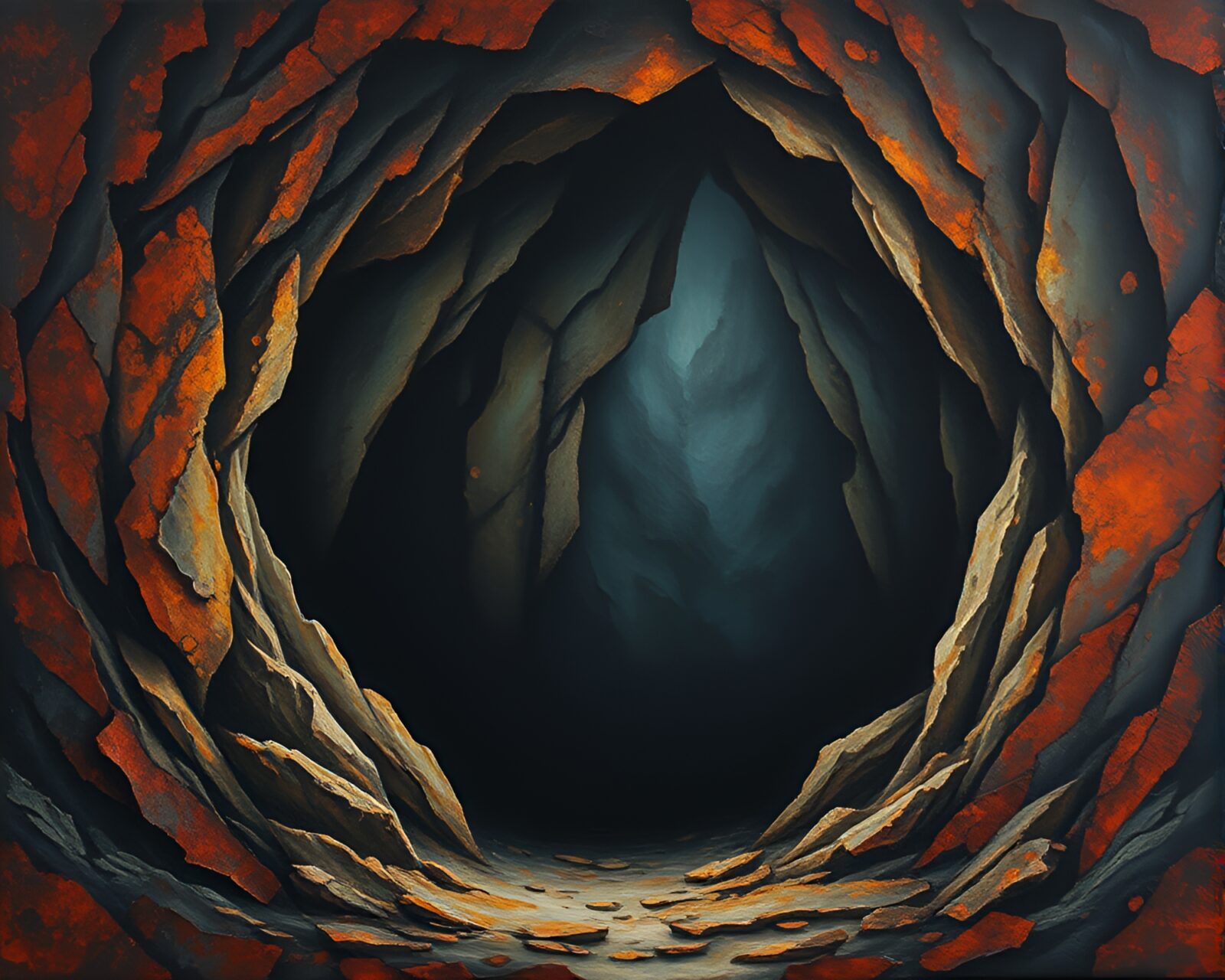 Gouache painting of dark cave entrance with rust flakes
