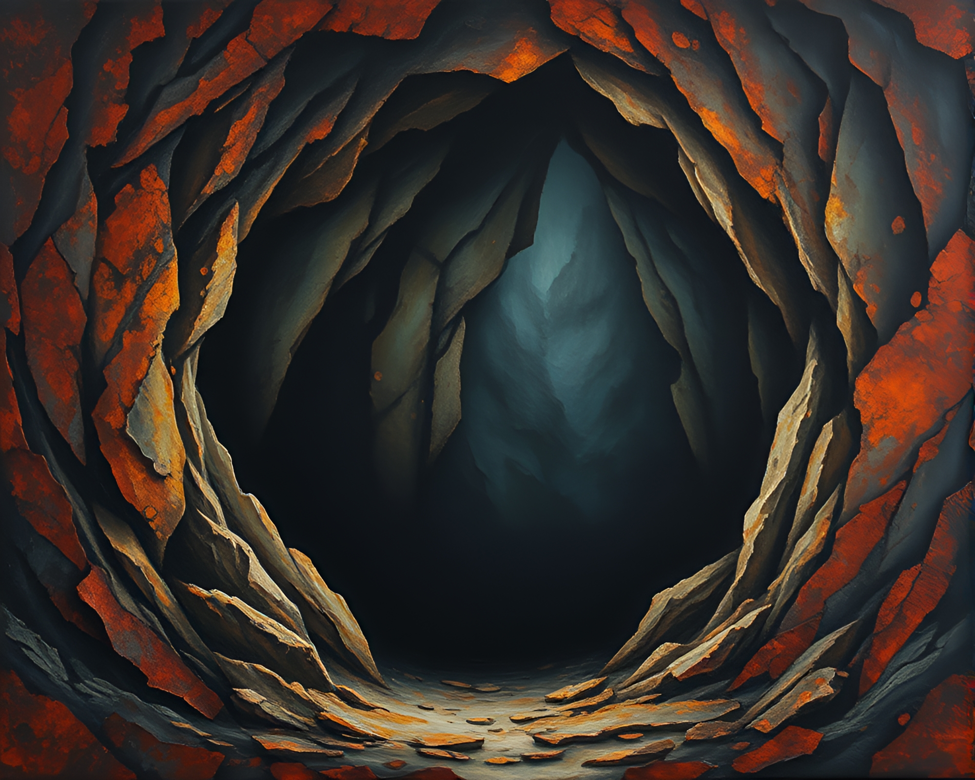 Rustic Valley Cave Entrance Gouache Painting – free AI stock image