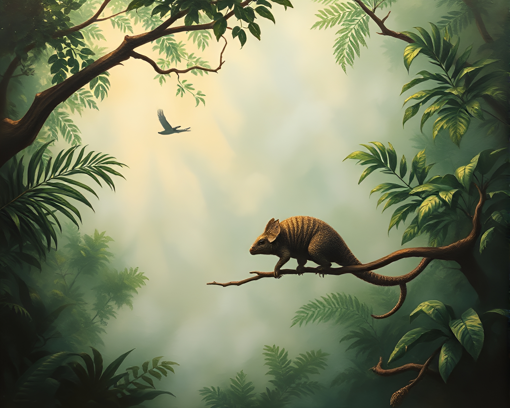 Armadillo in Jungle Canopy Shade Among Fog Banks – free AI stock image