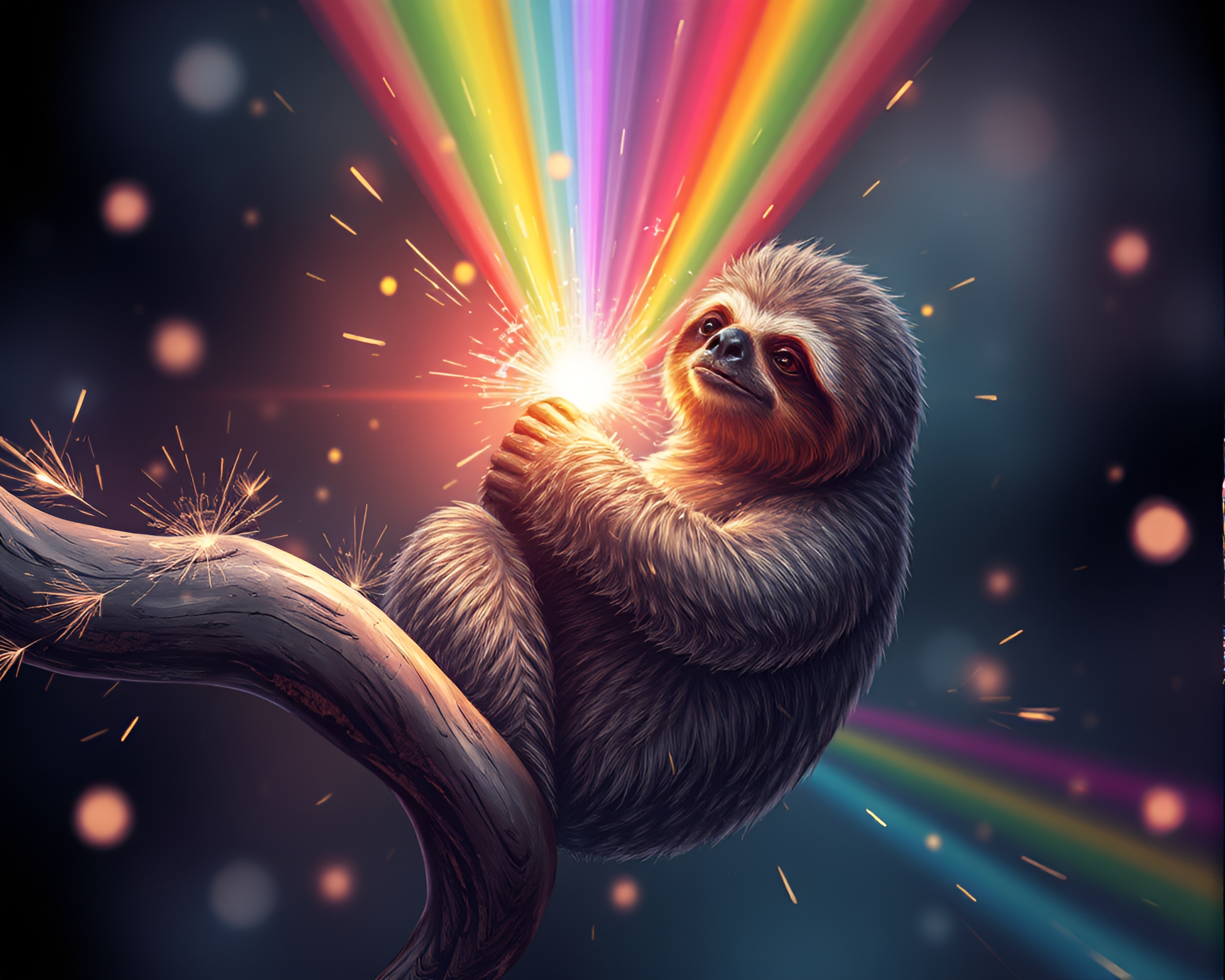 Sloth amidst rainbow sparkler trails – free AI stock image