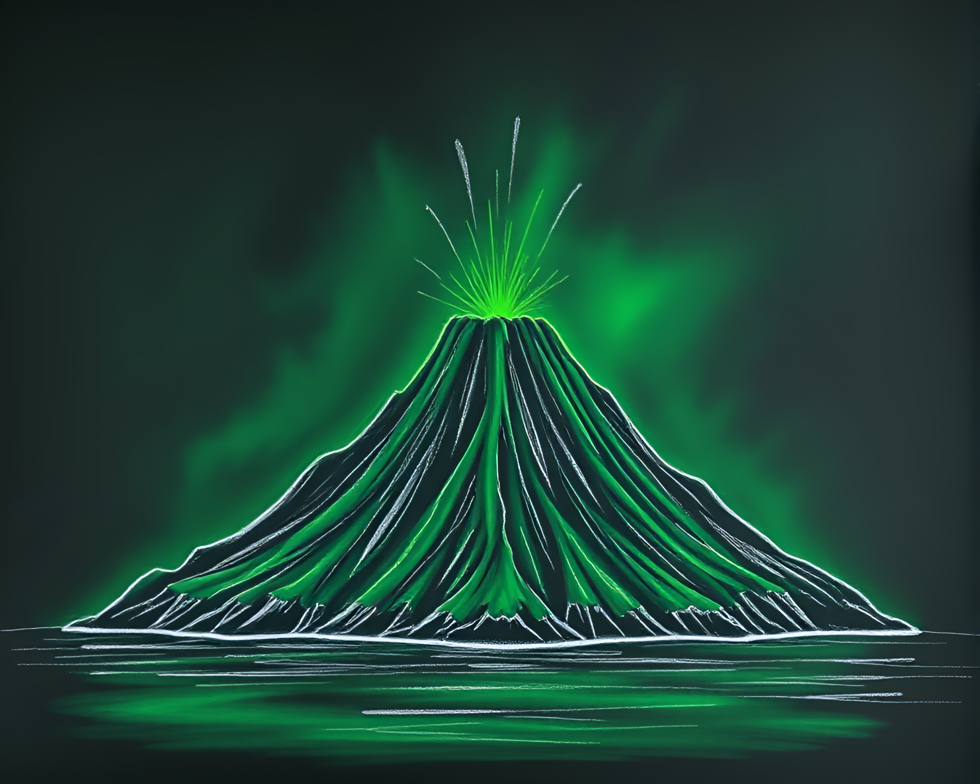 Emerald Glow: Off-center Volcanic Island Chalkboard Drawing – free AI stock image