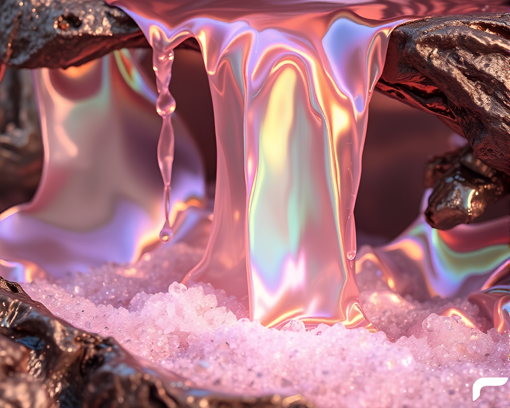 Iridescent Waterfall in Rose Gold Light – free AI stock image