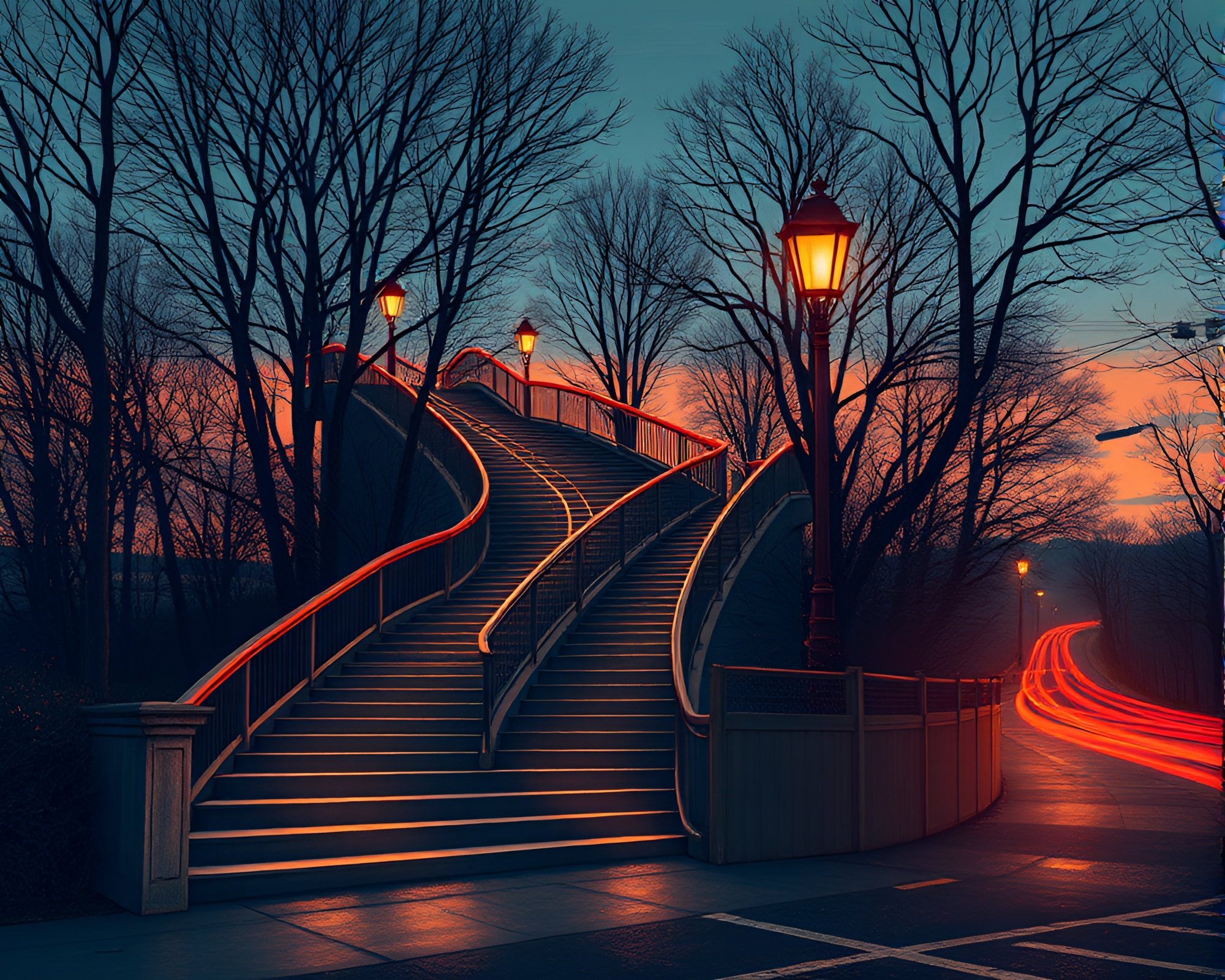 Surreal Car Light Trails Merge with Escher Staircase – free AI stock image