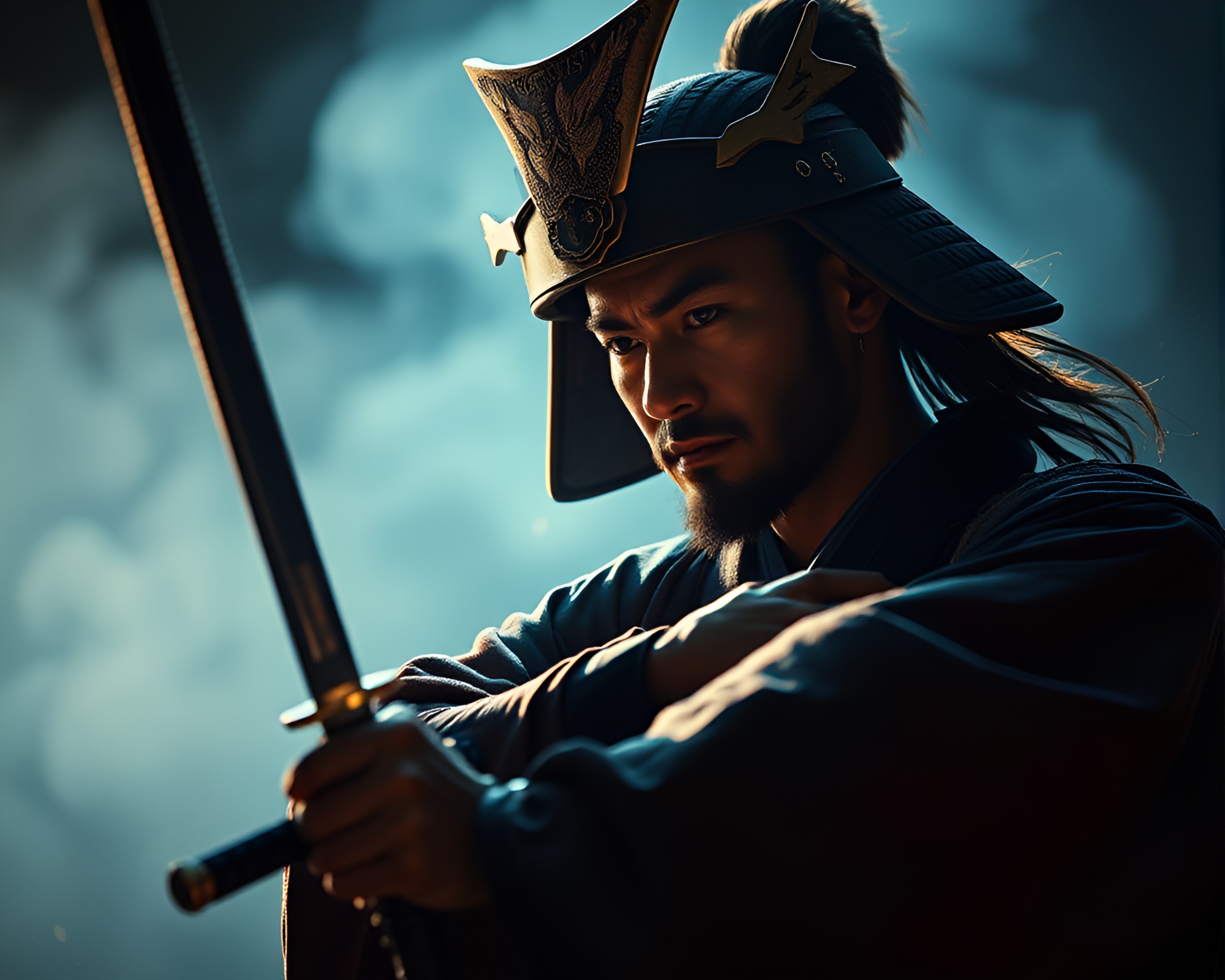 Samurai Warrior in Theatrical Lighting Matte Painting – free AI stock image