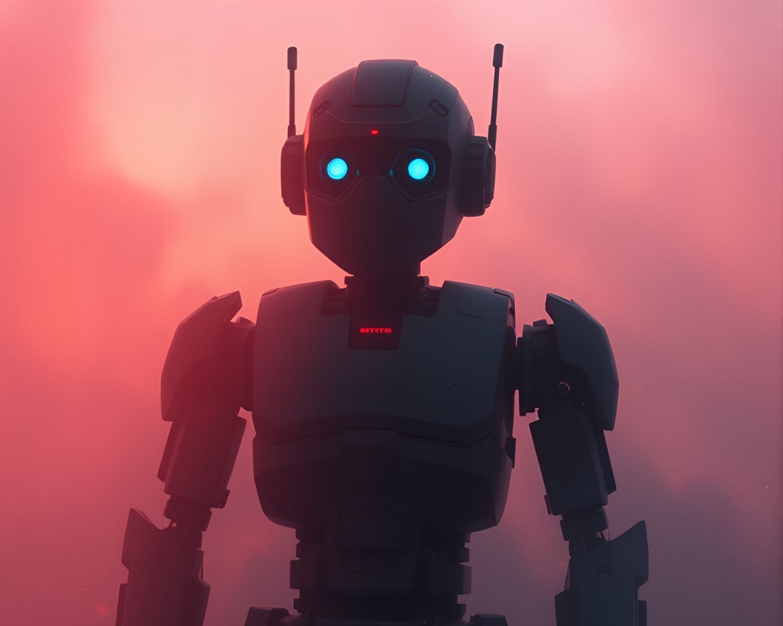 Digital twilight haze highlights robotic figures in etched frame