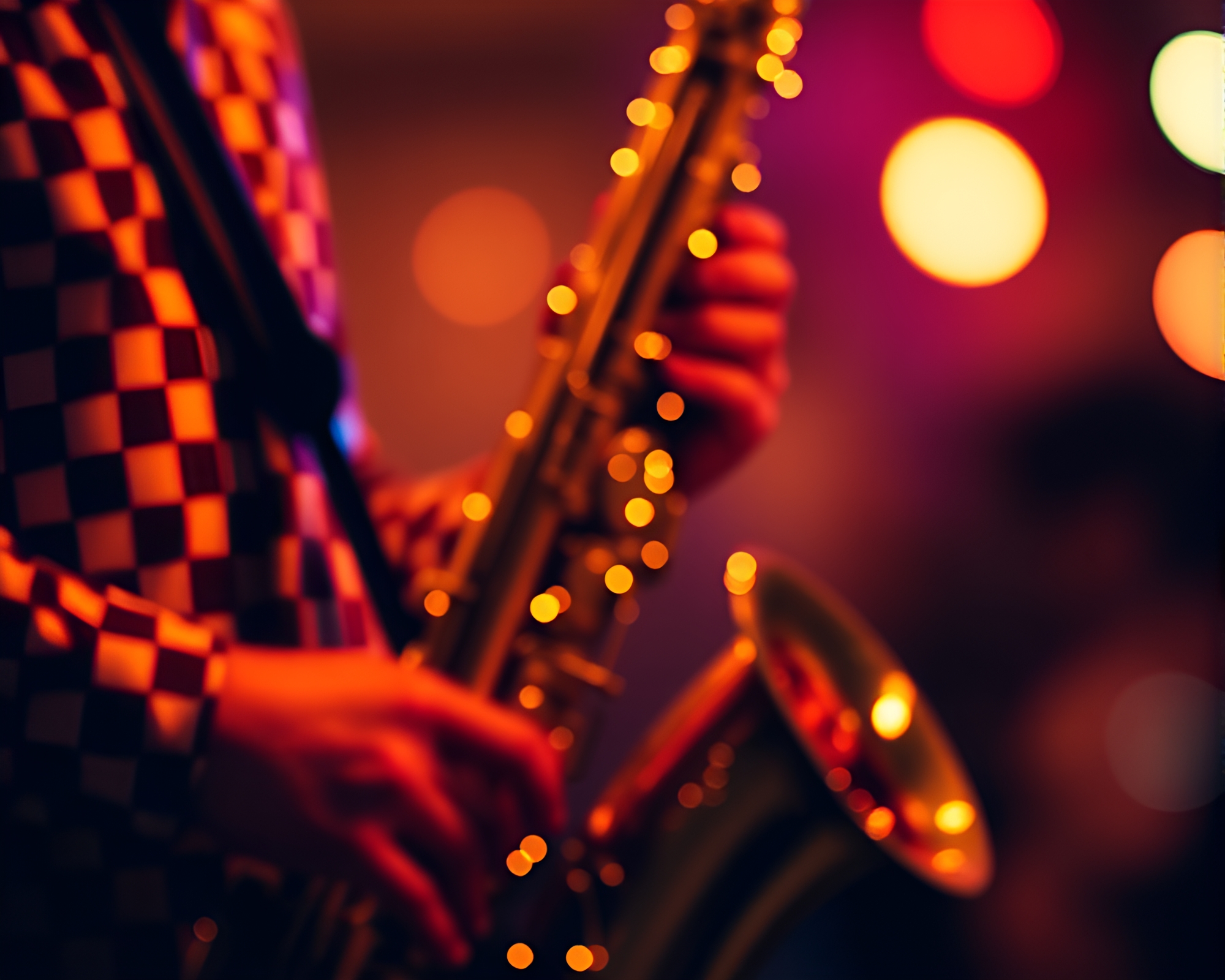 Checkered Saxophone Symphony in Pixelated Motion – free AI stock image