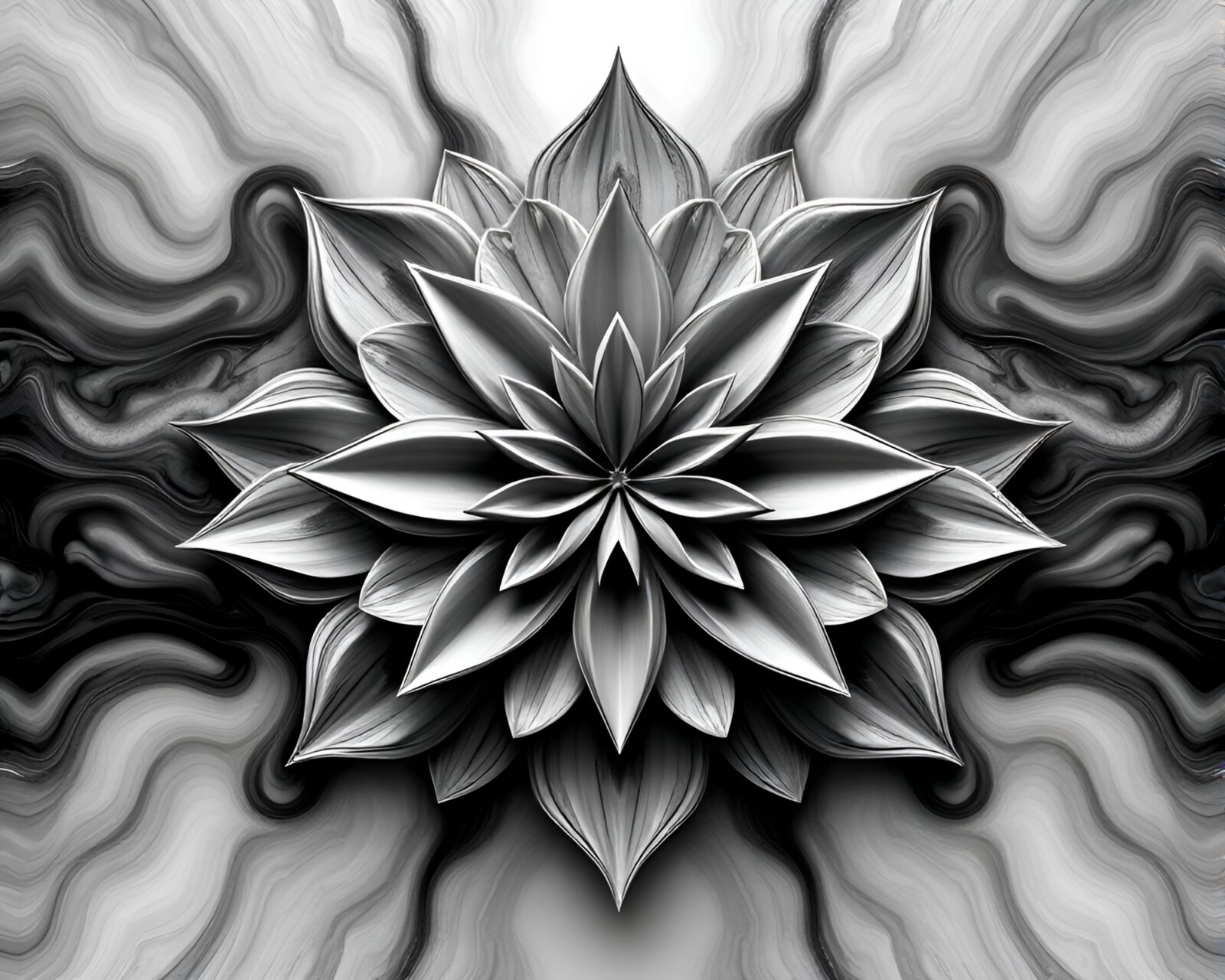 Abstract digital art of intricate origami flower in gray tones
