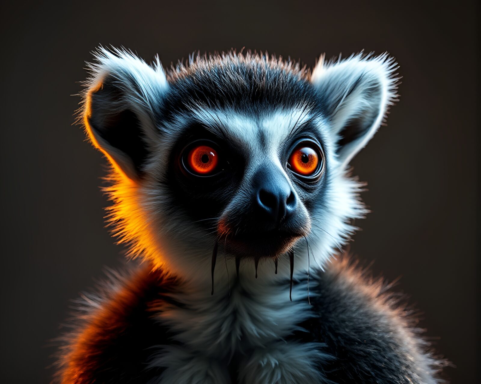 Striped patterned lemur under dramatic rim lighting with paint drips