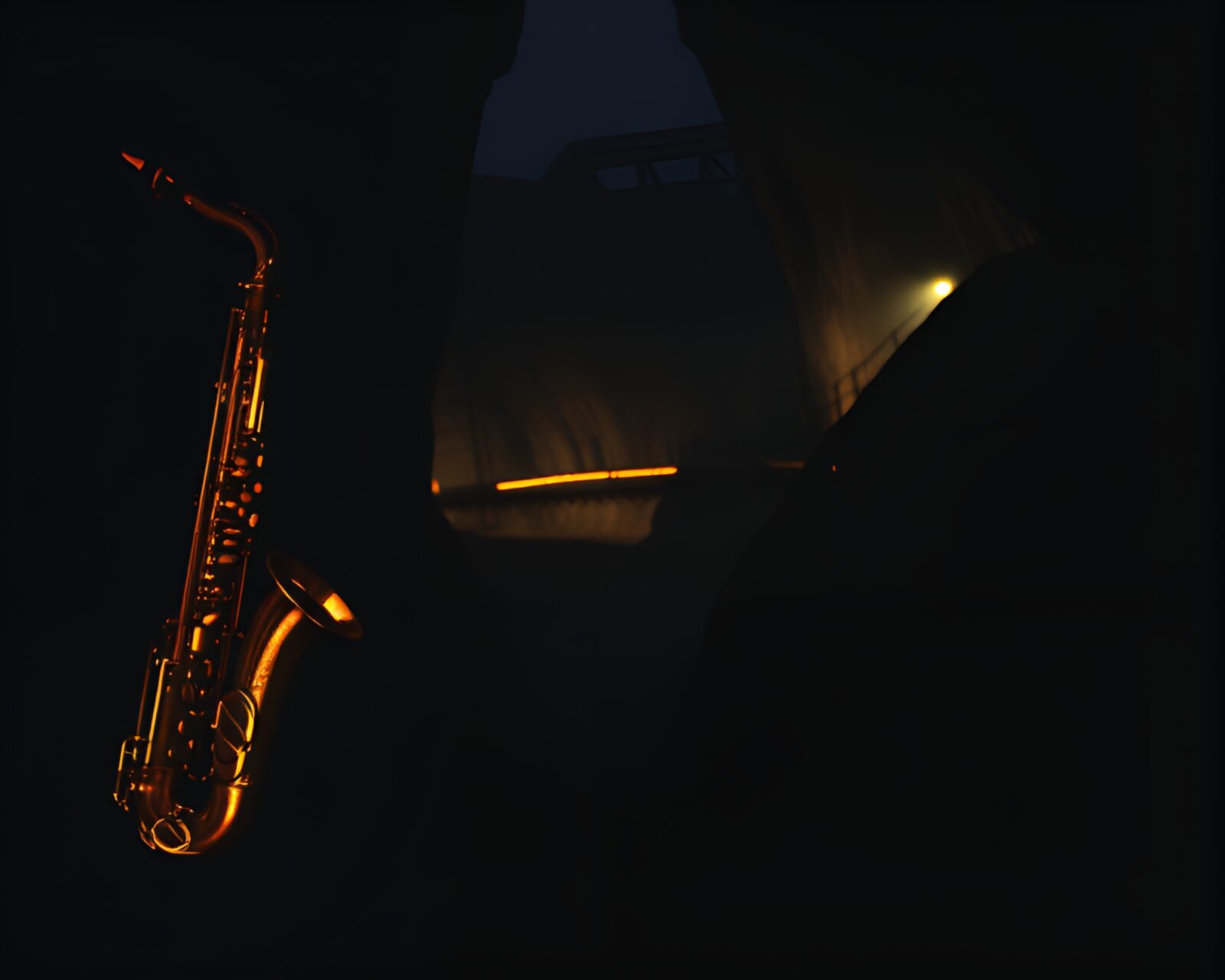 Abstract image of saxophonist surrounded by light trails in canyon