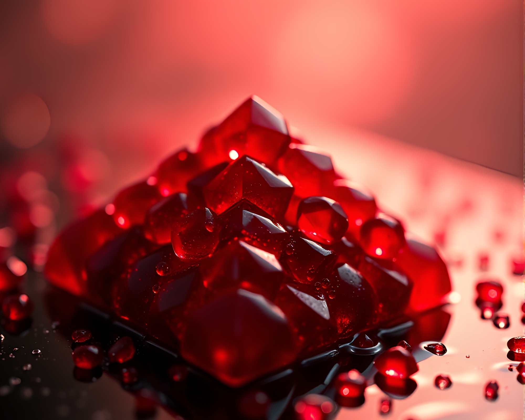 Pyramid of Ruby Red Reflections Through Wet Glass Beads – free AI stock image