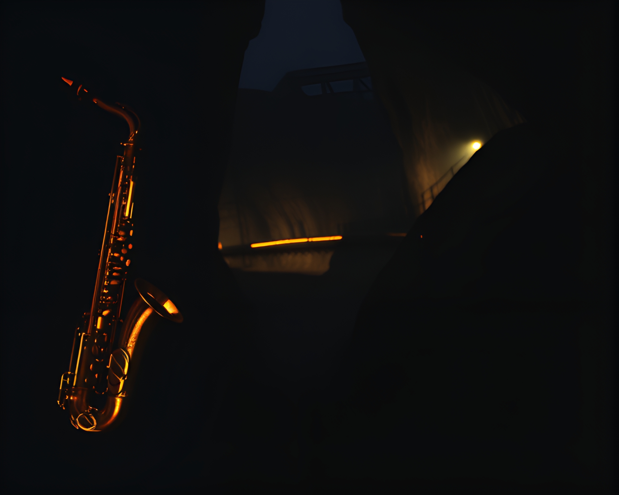 Saxophonist in Canyon: Train Light Trails Collage – free AI stock image
