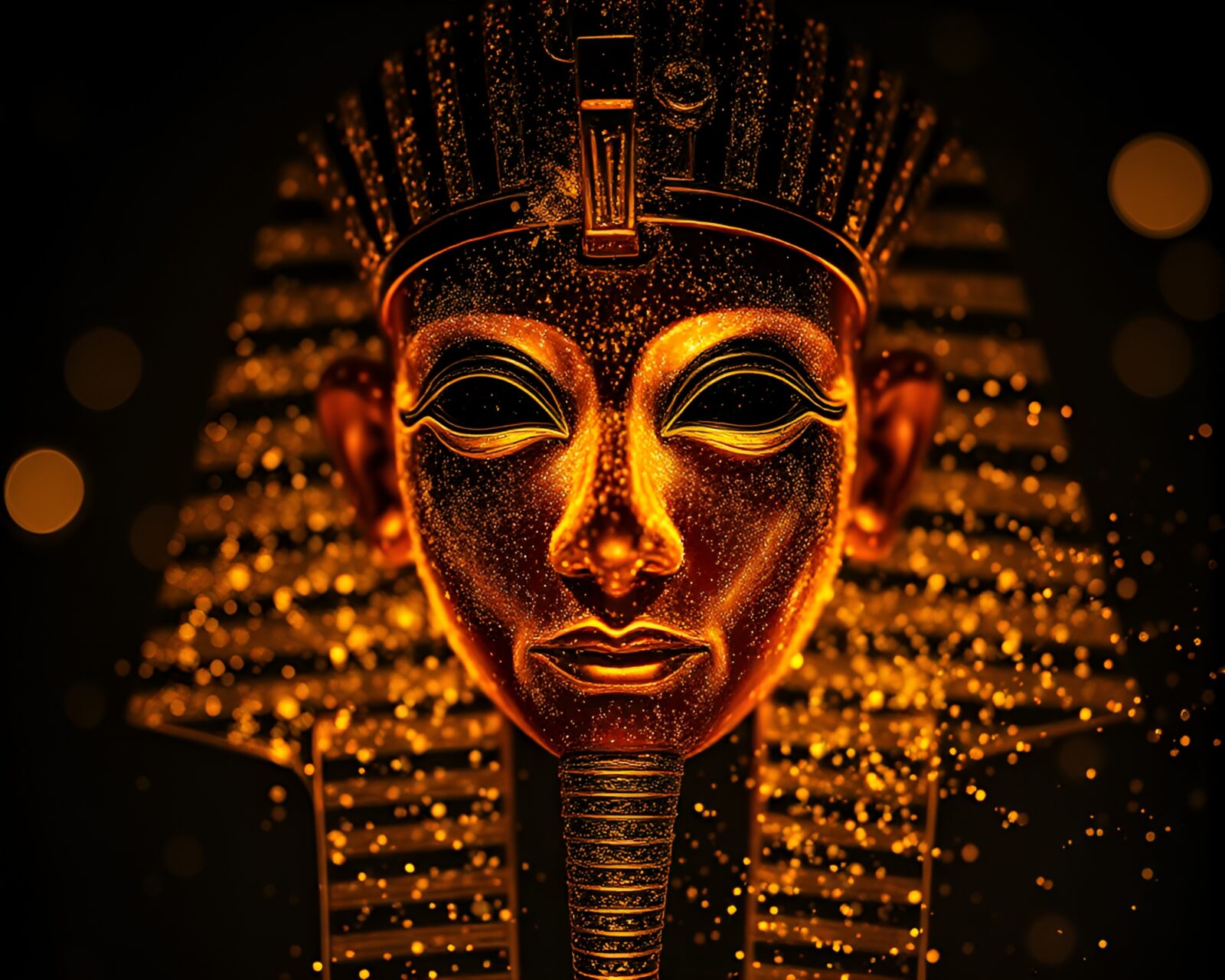Majestic Pharaoh mask in mystical dust particle light display
