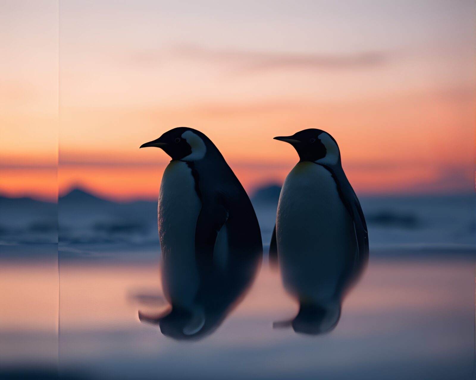A mystical penguin appearing twice in a dusky setting