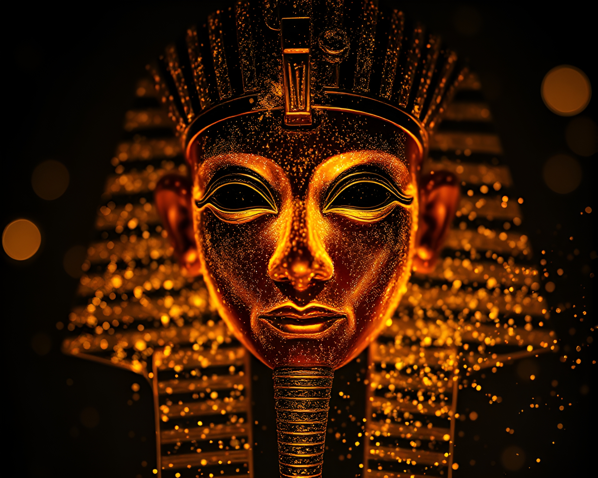 Ancient Pharaoh Mask Amidst Glowing Bokeh Dust Particles – free AI stock image